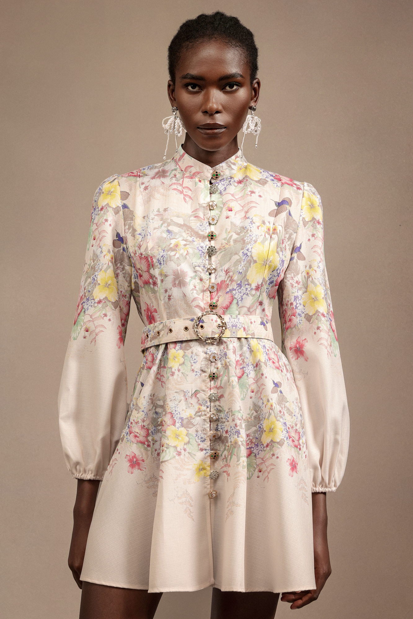 Rimo Long Sleeves Floral Printed Diamond Dress