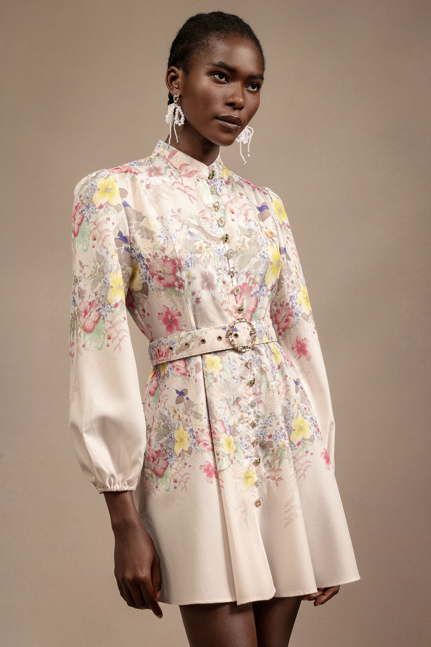 Rimo Long Sleeves Floral Printed Diamond Dress