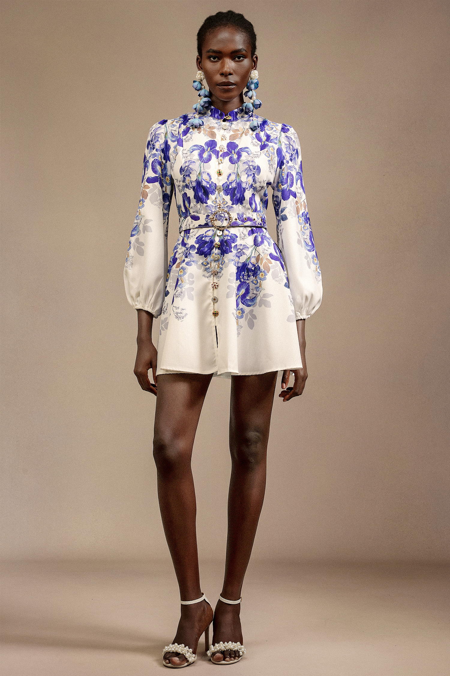 Robina Long Sleeves Floral Printed Diamond Mini Dress