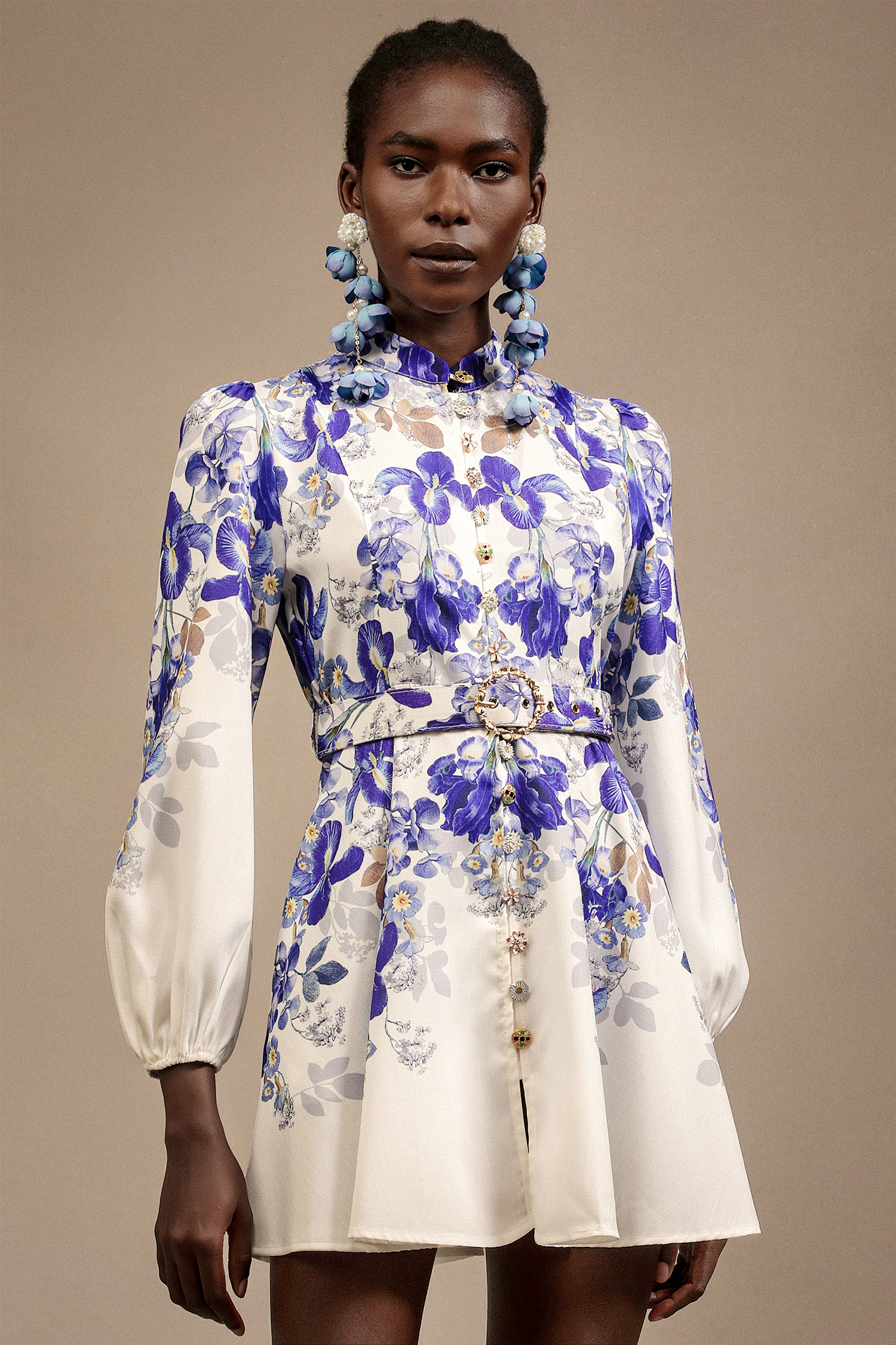 Robina Long Sleeves Floral Printed Diamond Mini Dress