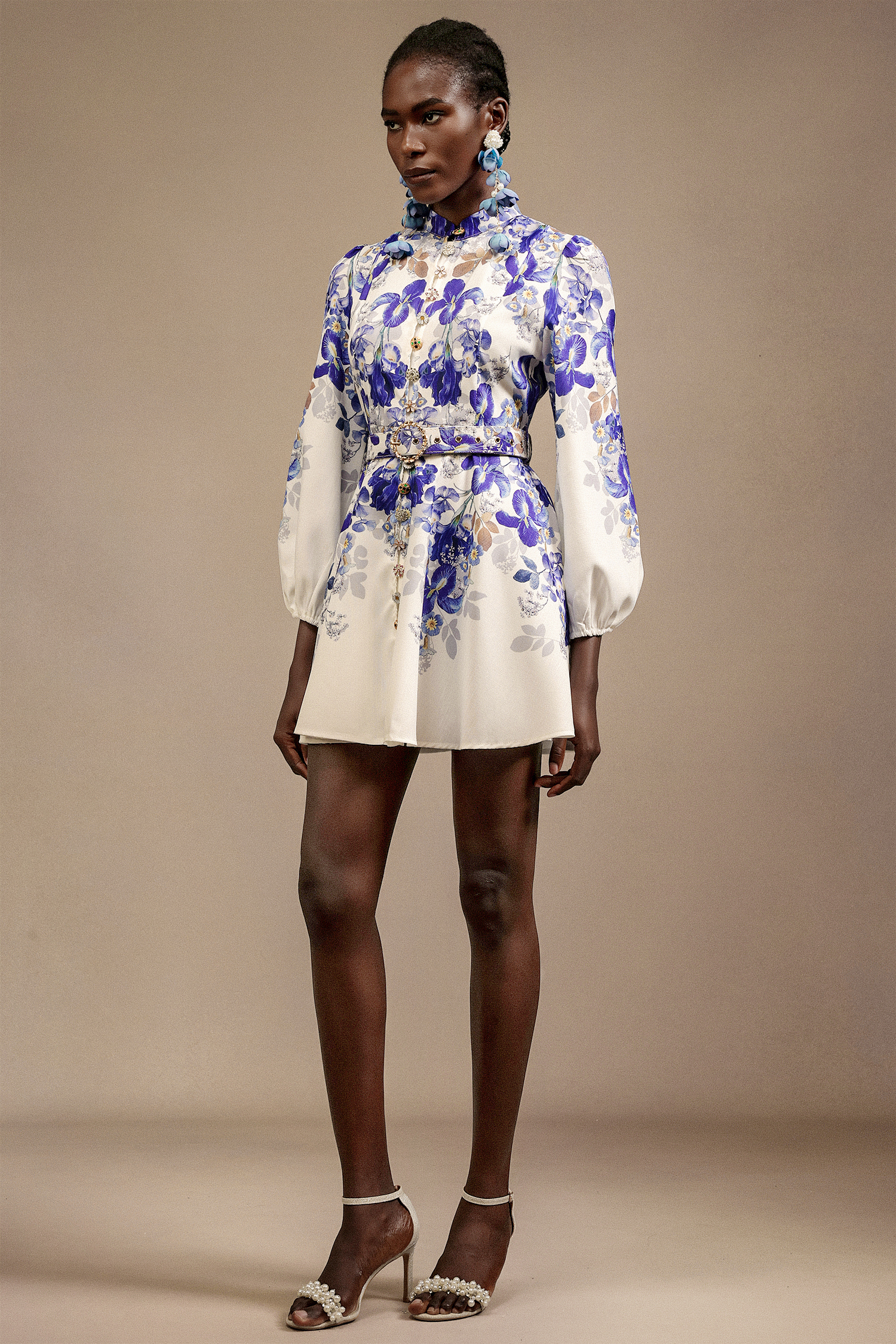 Robina Long Sleeves Floral Printed Diamond Mini Dress