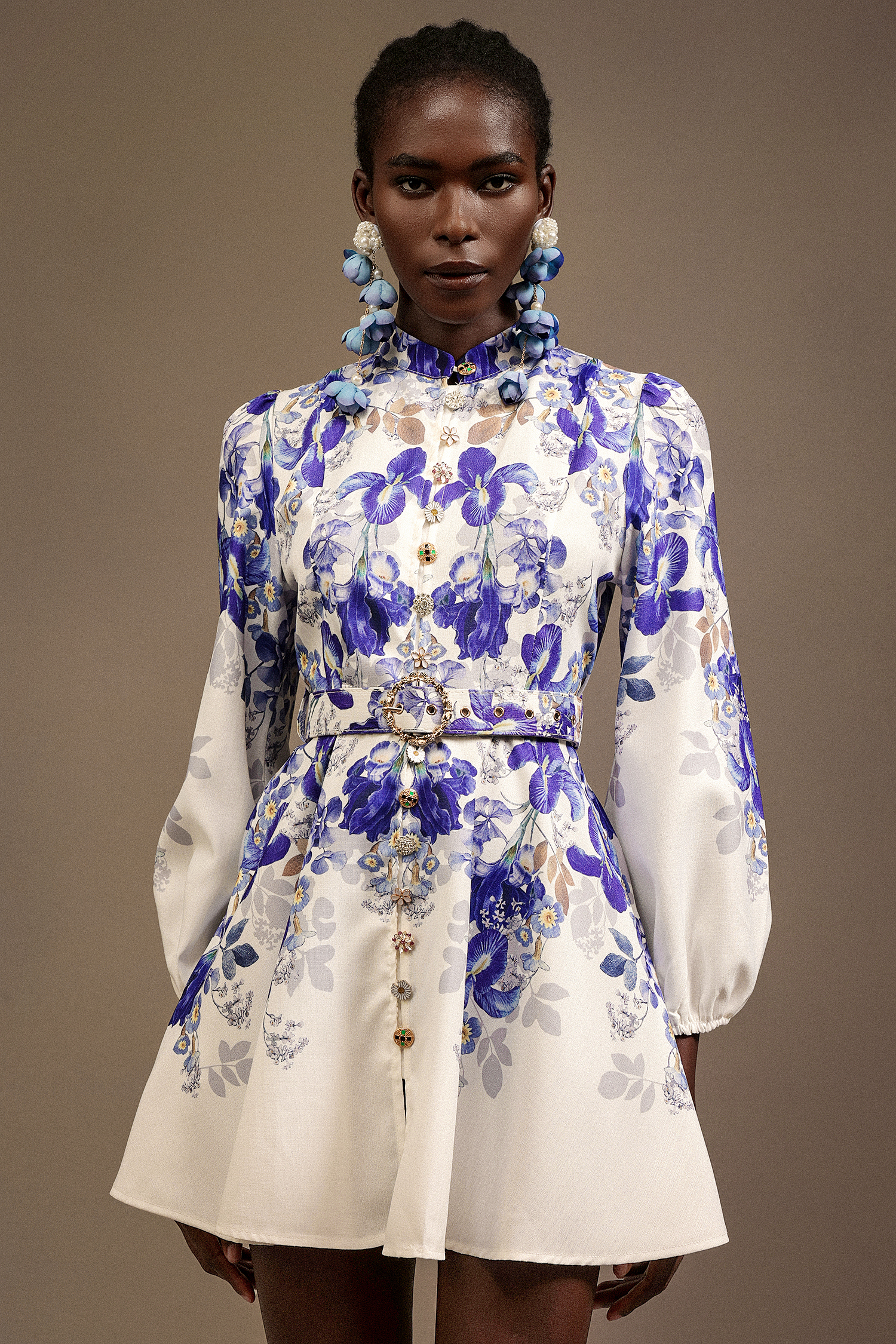Robina Long Sleeves Floral Printed Diamond Mini Dress