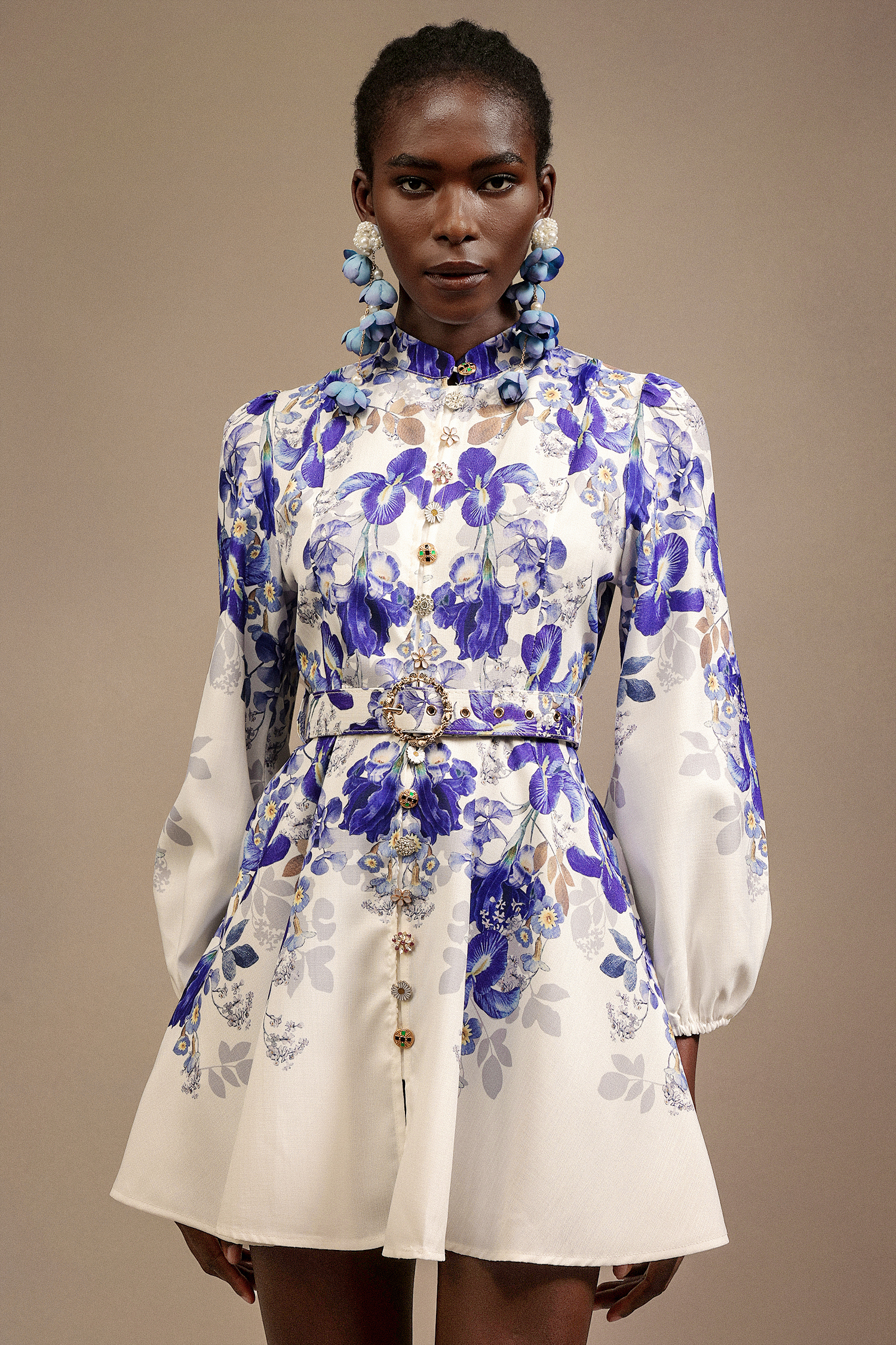 Robina Long Sleeves Floral Printed Diamond Mini Dress