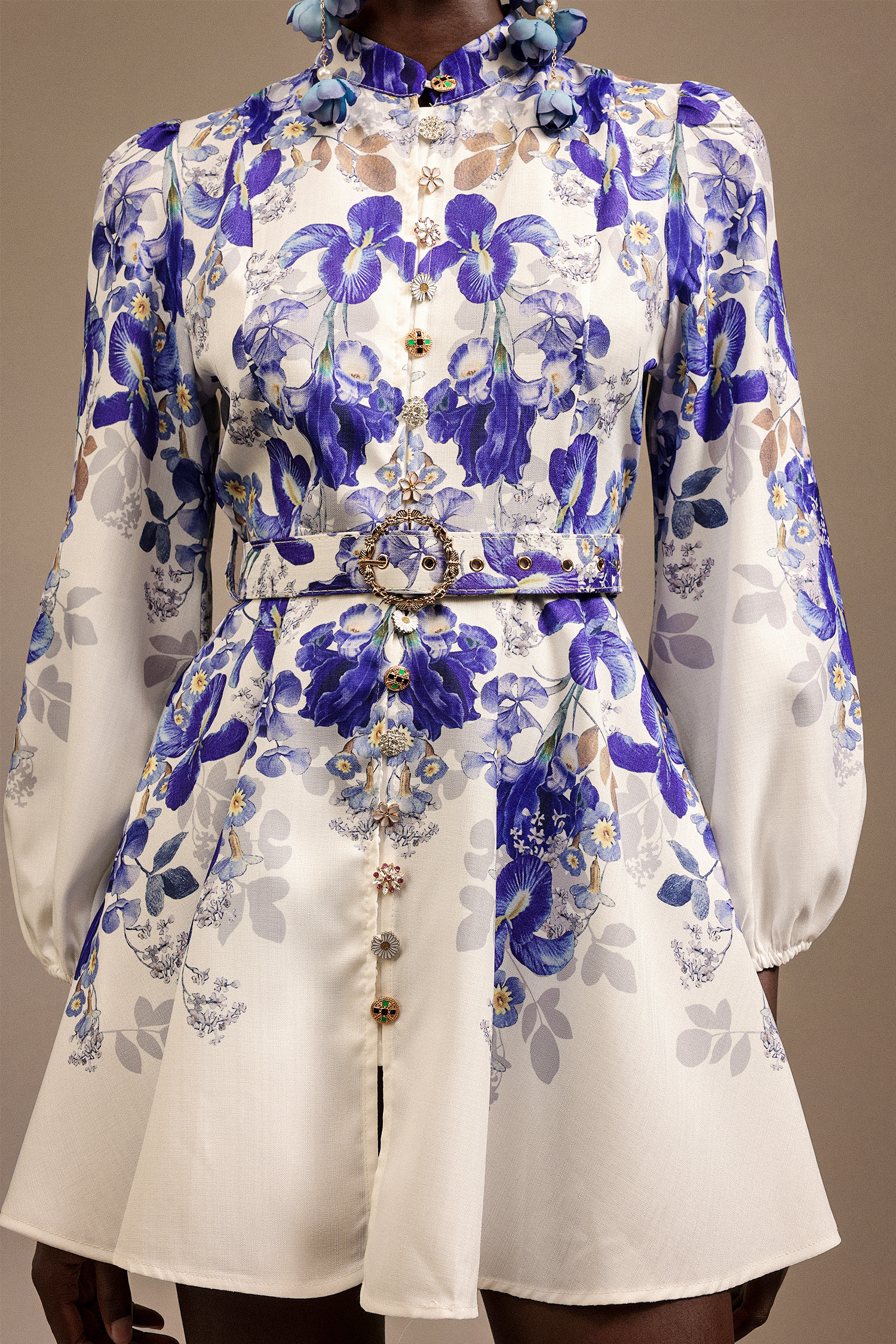 Robina Long Sleeves Floral Printed Diamond Mini Dress