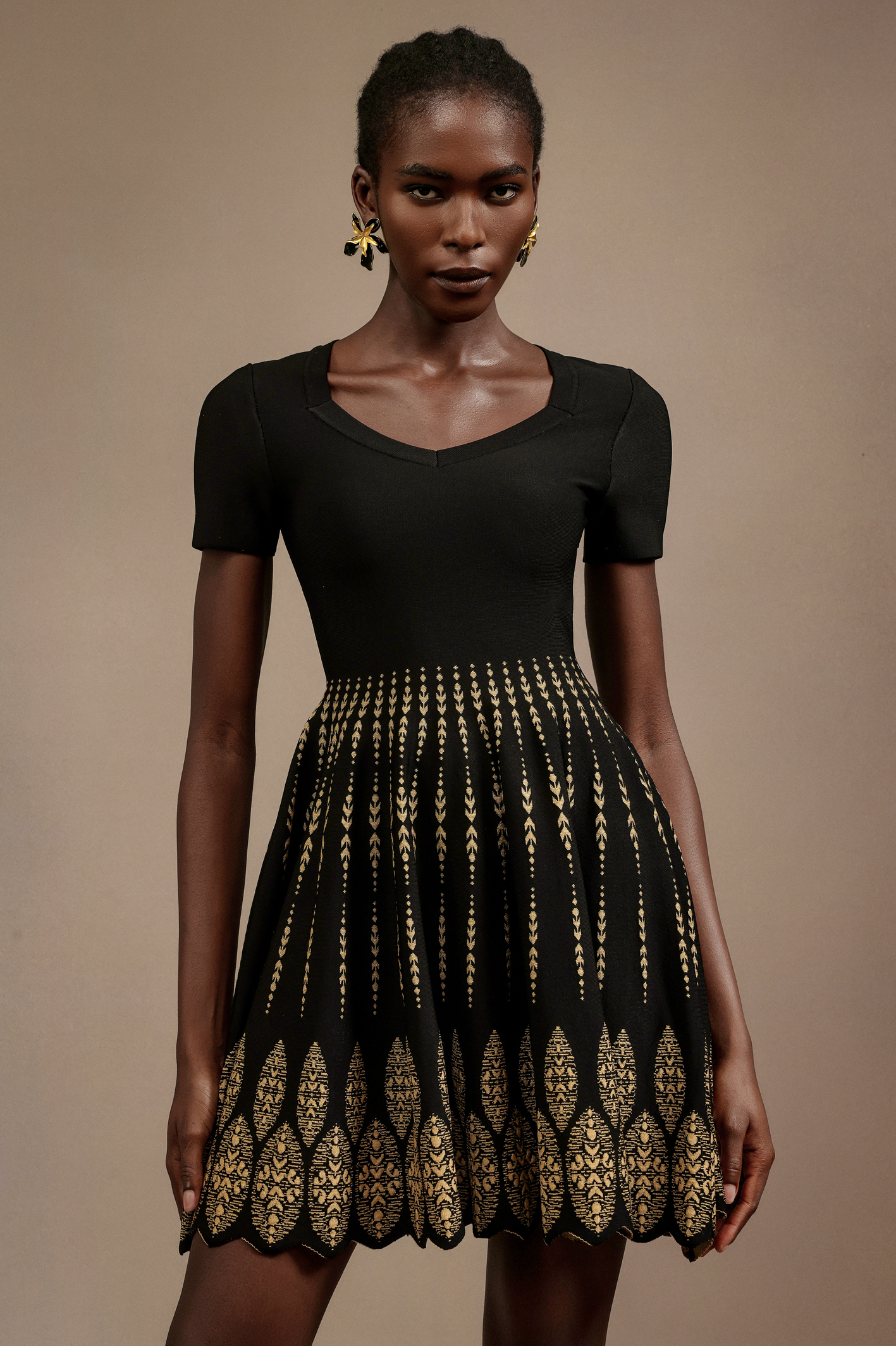 Emilee Short Sleeves Round Neck Jacquard Mini Dress