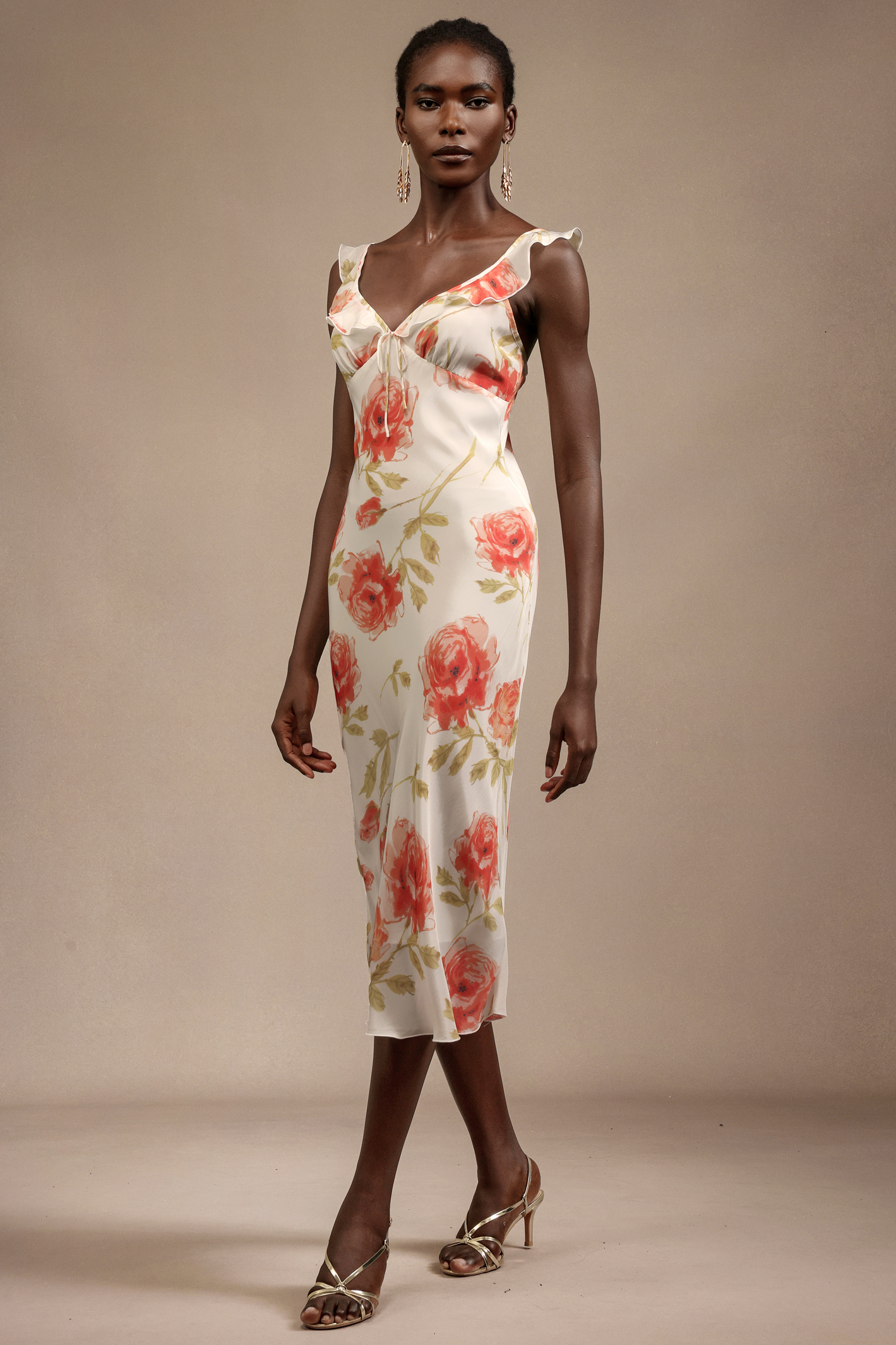 Galla Halter Floral Printed Bowknot Folds Midi Dress