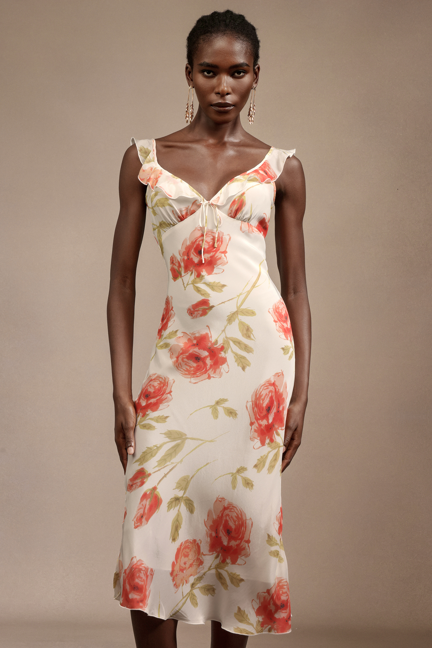 Galla Halter Floral Printed Bowknot Folds Midi Dress