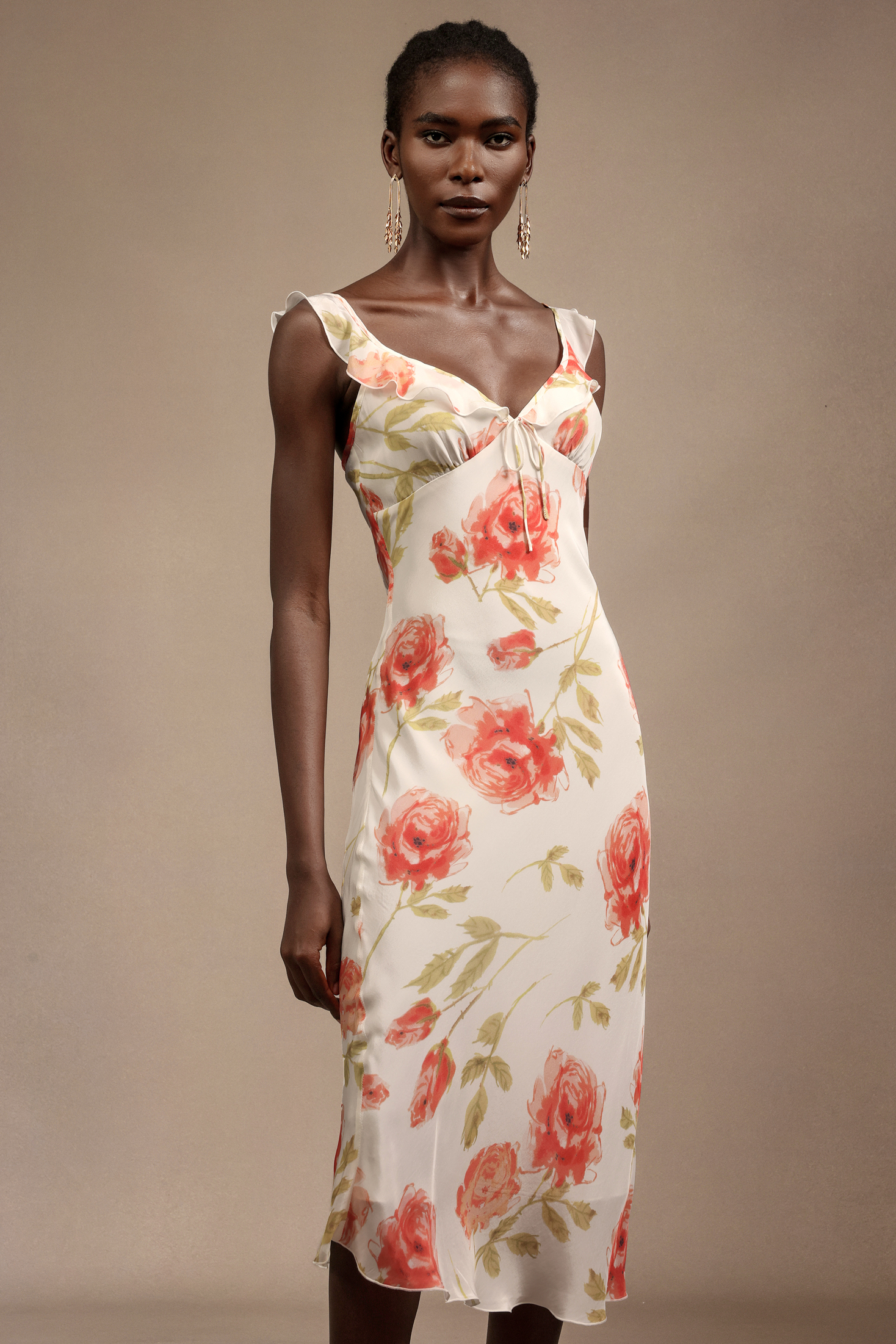 Galla Halter Floral Printed Bowknot Folds Midi Dress