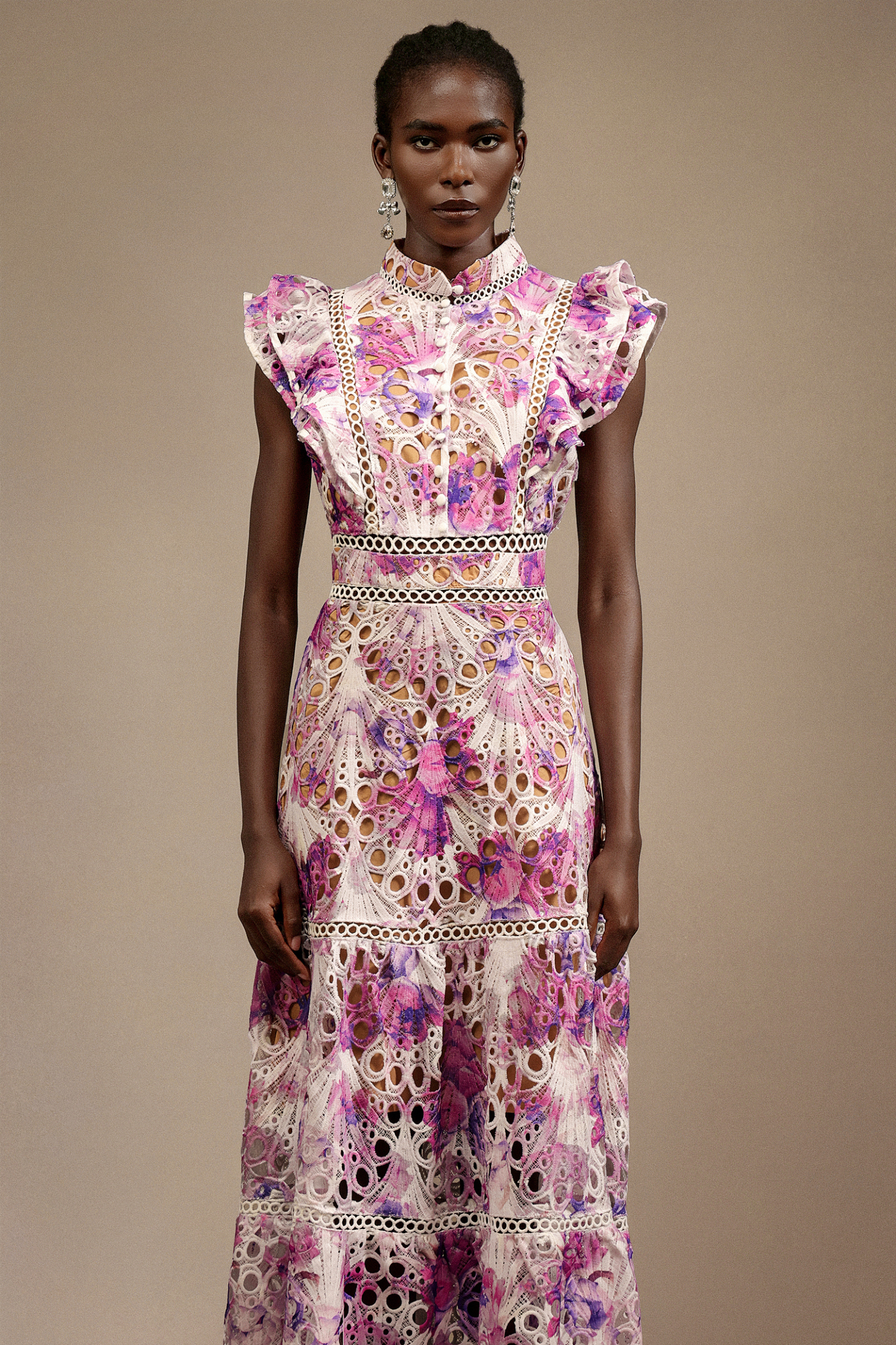 Sparkly Sleeveless Floral Printed Lace Maxi Dress