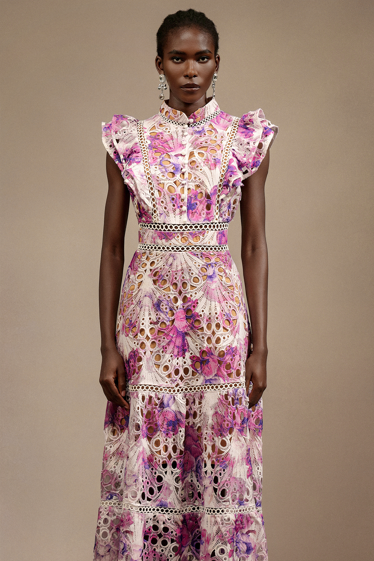 Sparkly Sleeveless Floral Printed Lace Maxi Dress