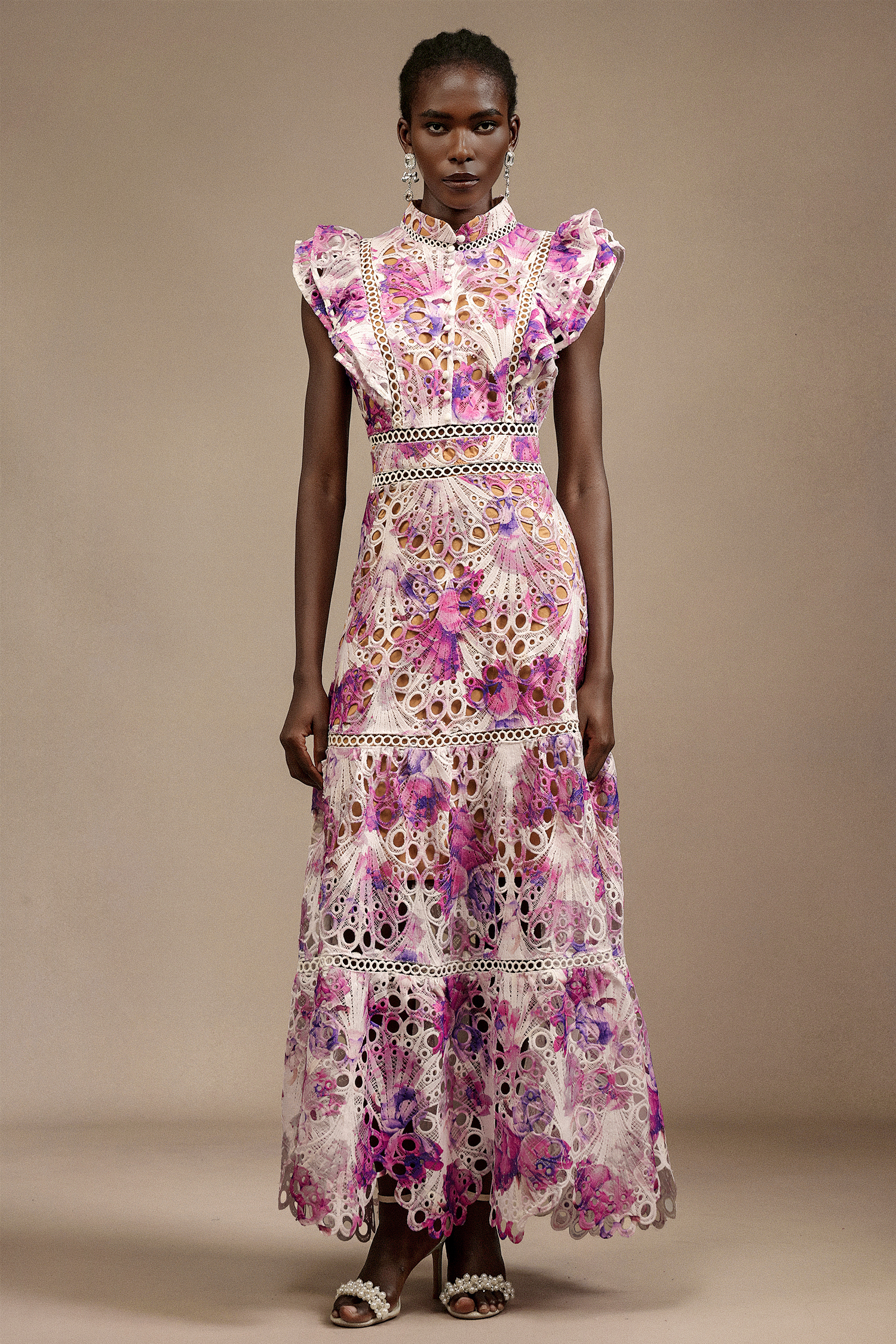 Sparkly Sleeveless Floral Printed Lace Maxi Dress