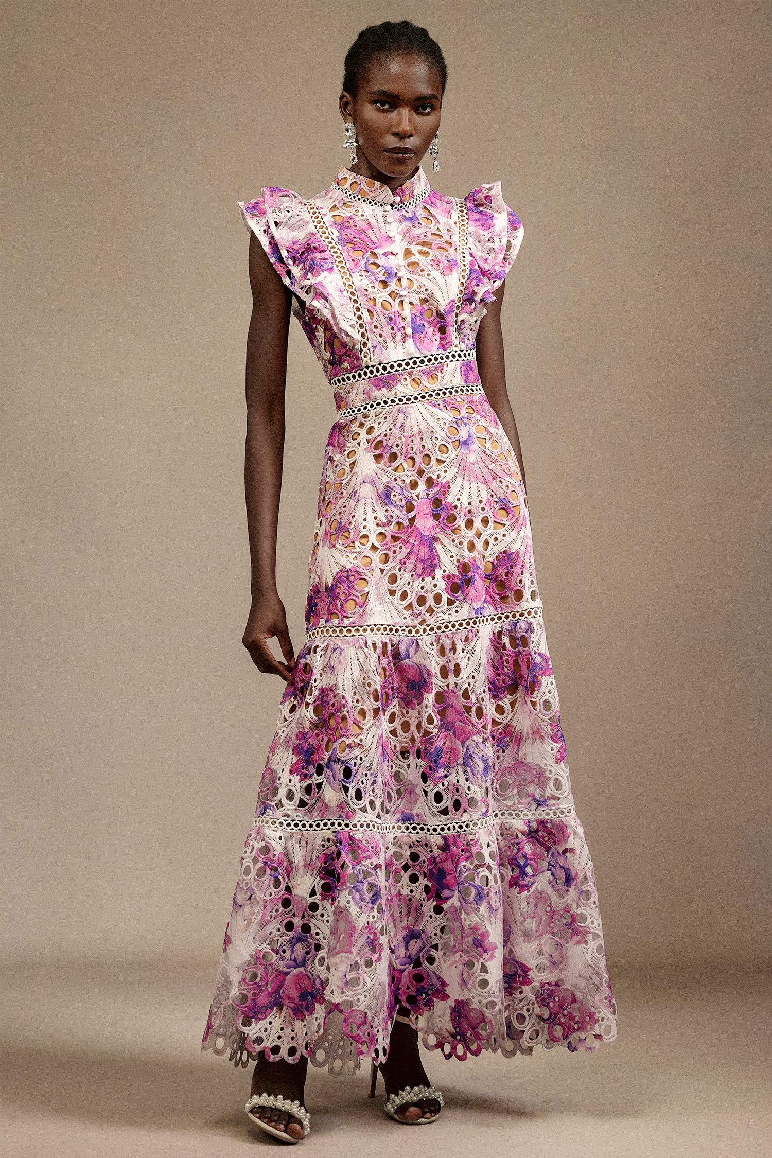 Sparkly Sleeveless Floral Printed Lace Maxi Dress