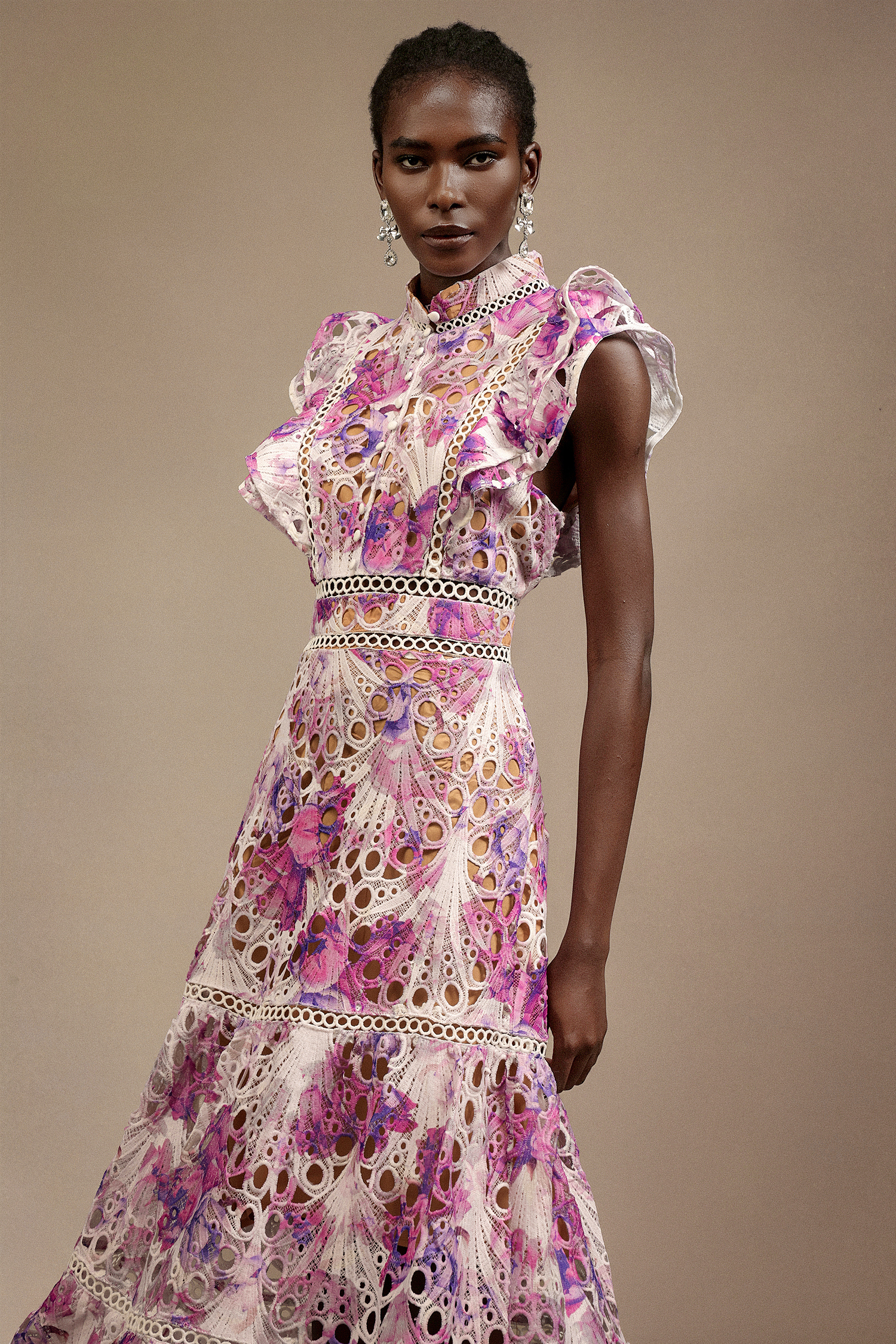 Sparkly Sleeveless Floral Printed Lace Maxi Dress