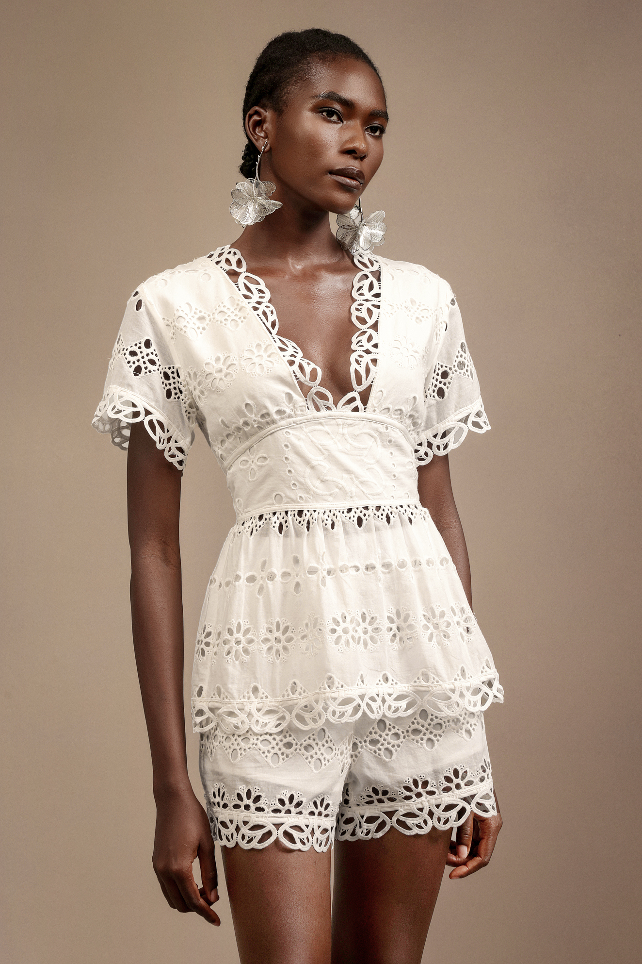 Shardae Short Sleeves V-Neck Hollow Out Mini Dress