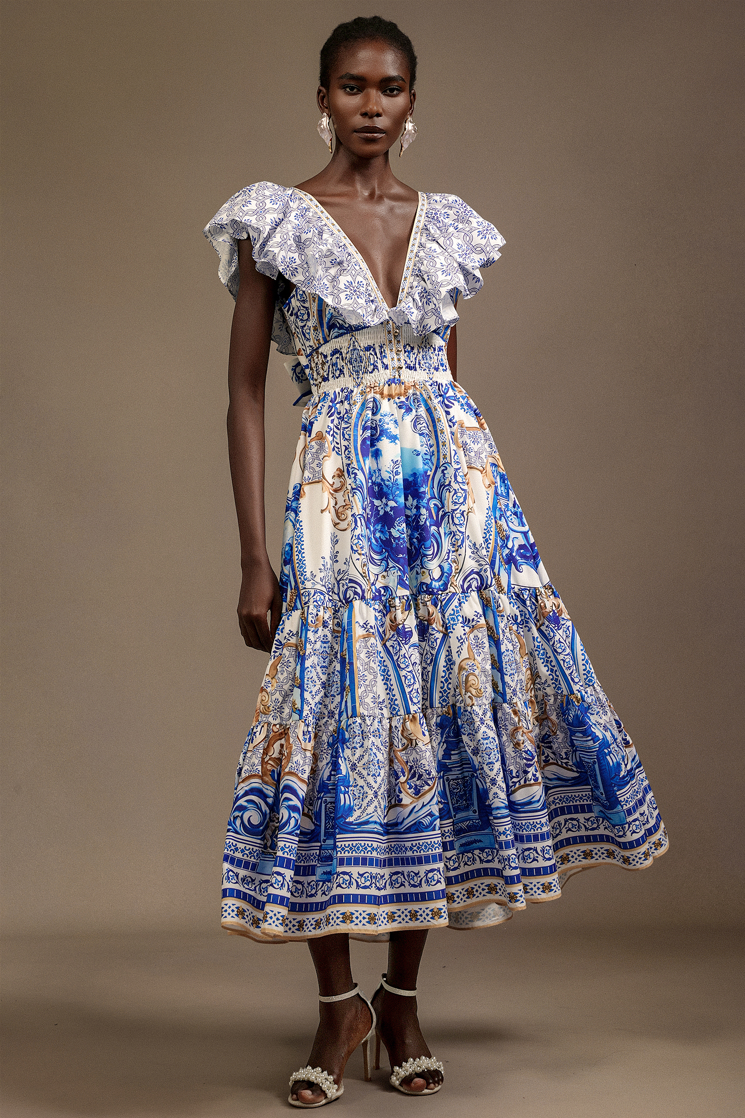 Zico V-Neck Sleeveless Printed Folds Maxi Dress
