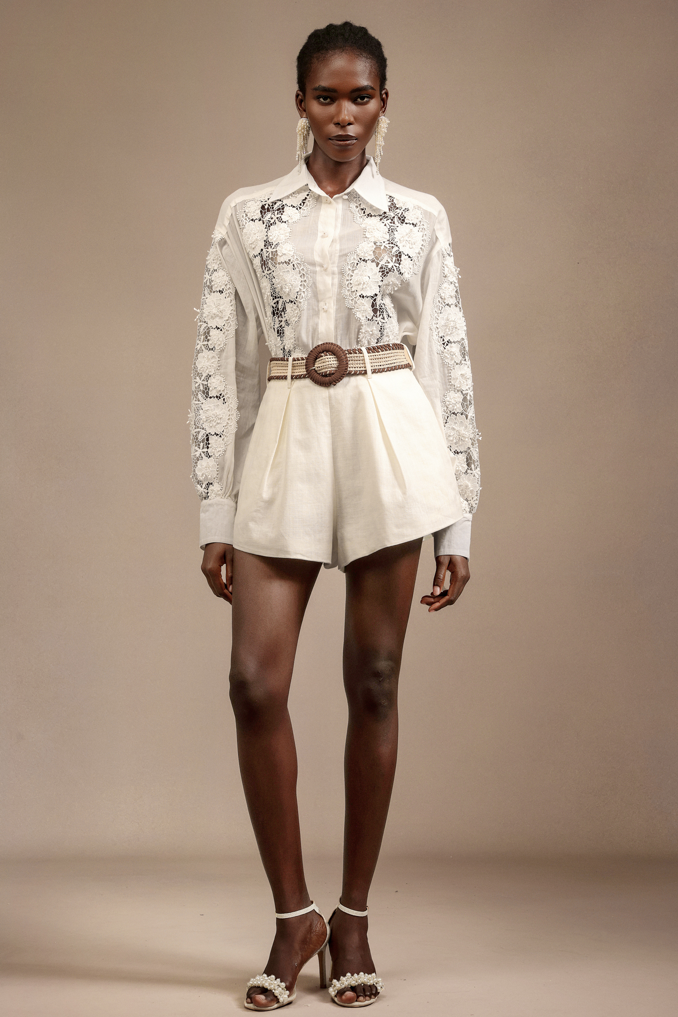 Verdad Lapel Embroidery Lace Shirt And Shorts Two-Piece Set