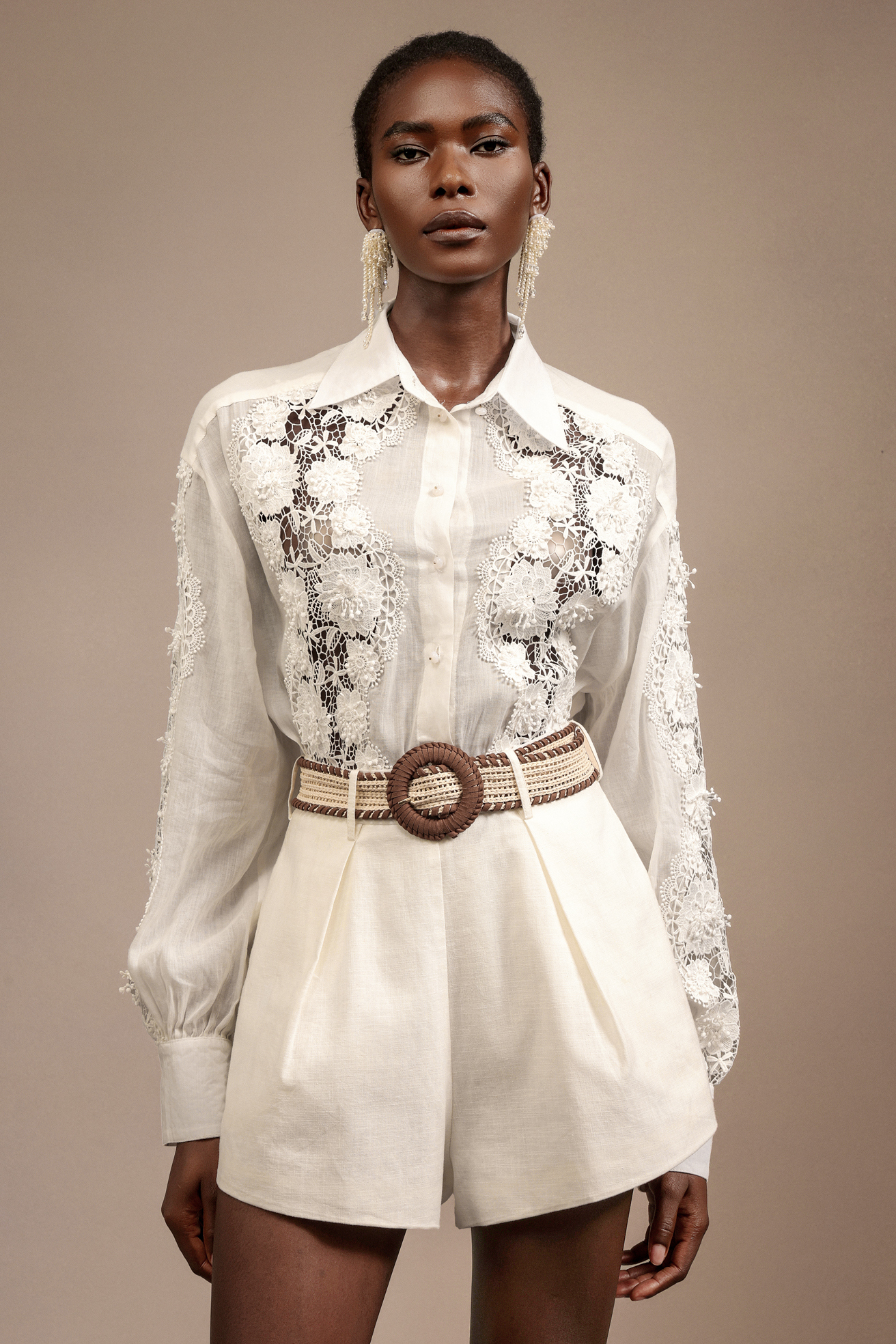Verdad Lapel Embroidery Lace Shirt And Shorts Two-Piece Set