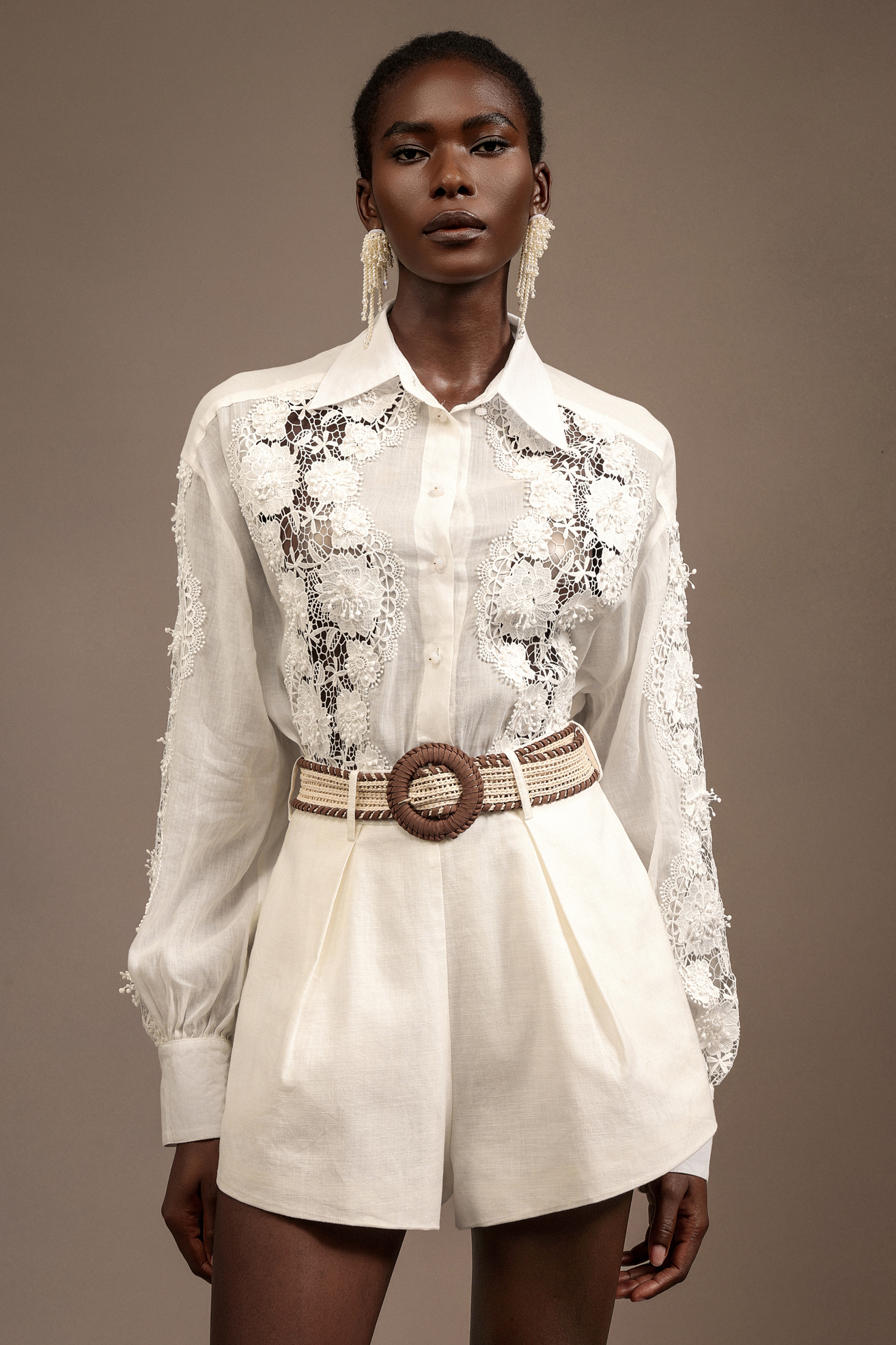 Verdad Lapel Embroidery Lace Shirt And Shorts Two-Piece Set