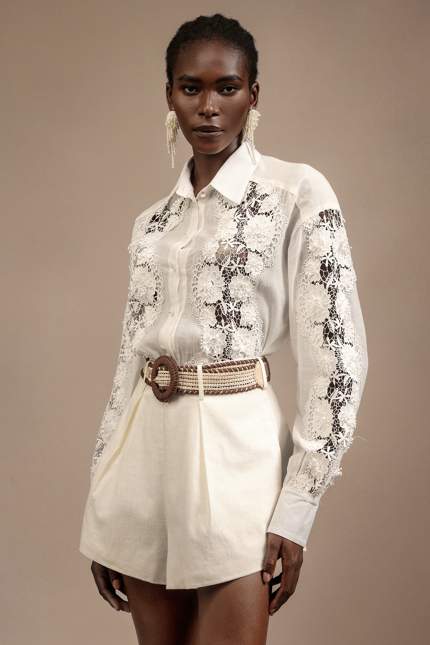 Verdad Lapel Embroidery Lace Shirt And Shorts Two-Piece Set