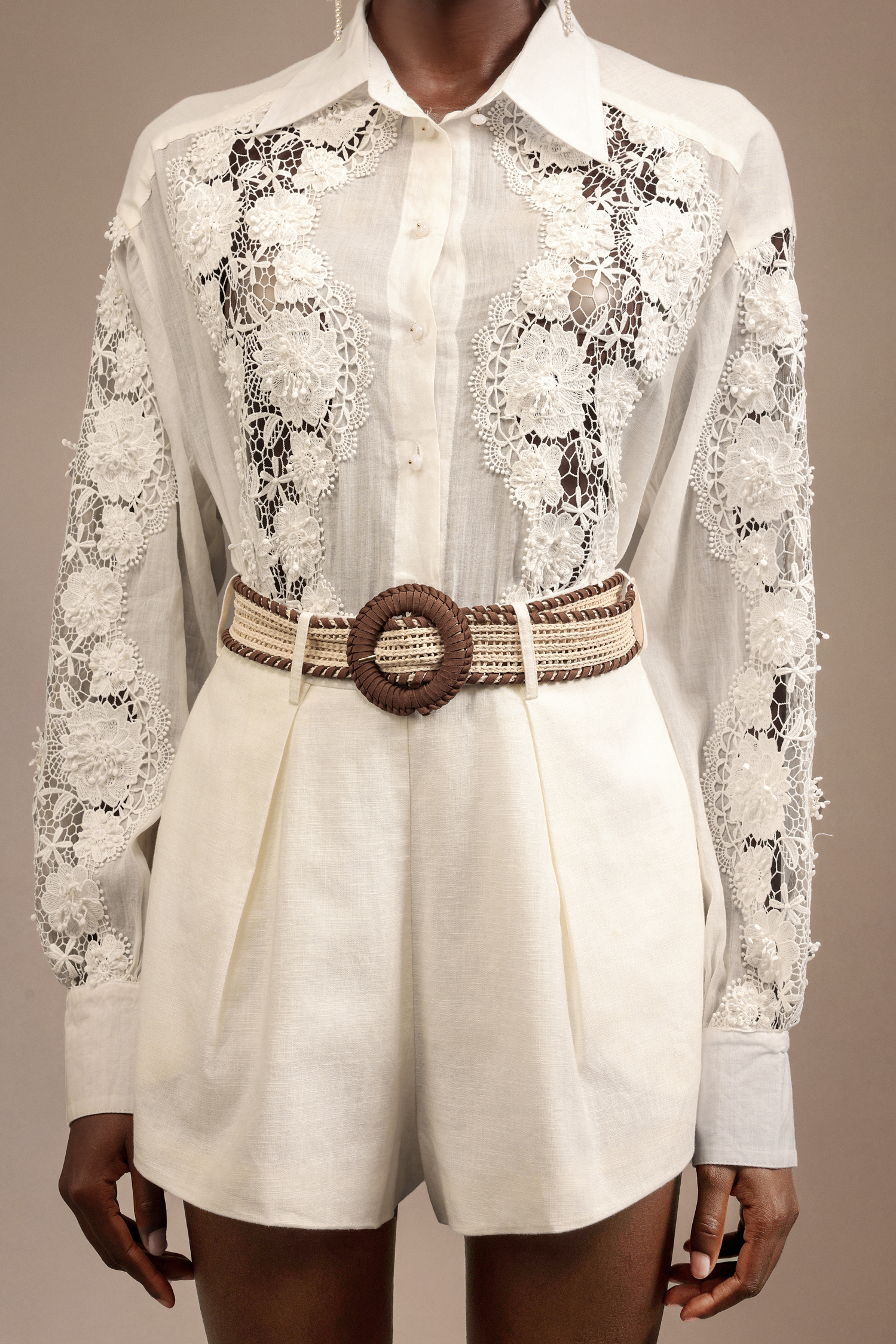 Verdad Lapel Embroidery Lace Shirt And Shorts Two-Piece Set