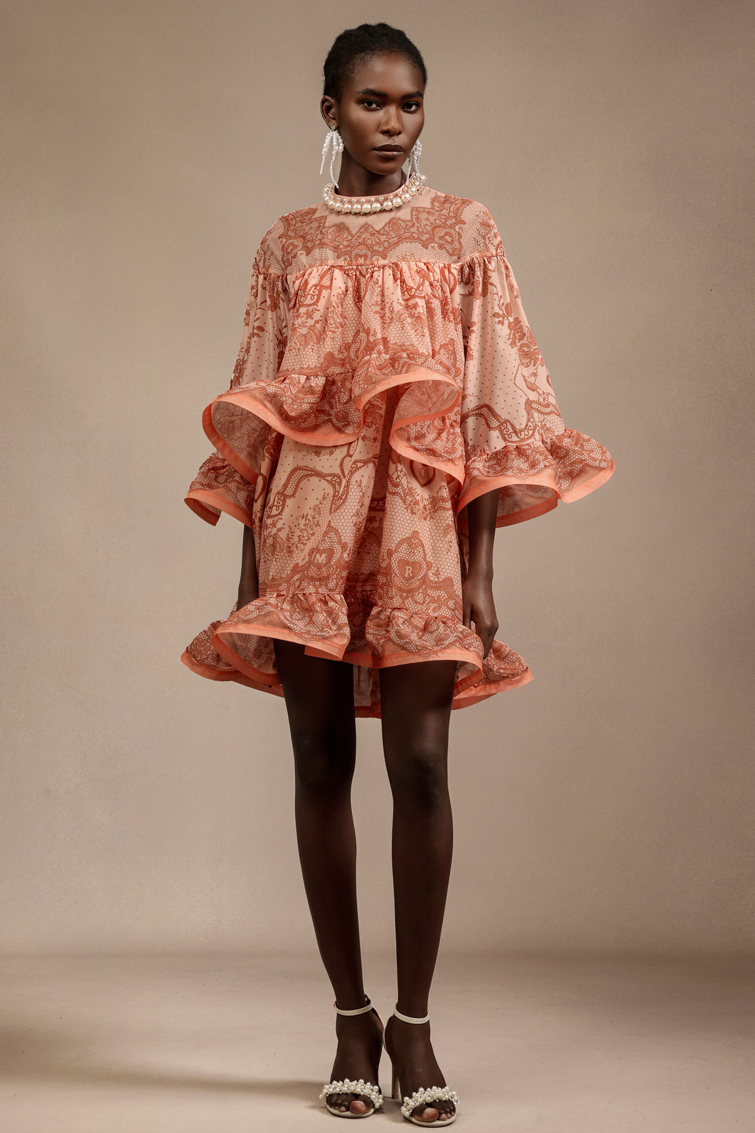 Garela Long Sleeve Printing Flounce Mini Dress