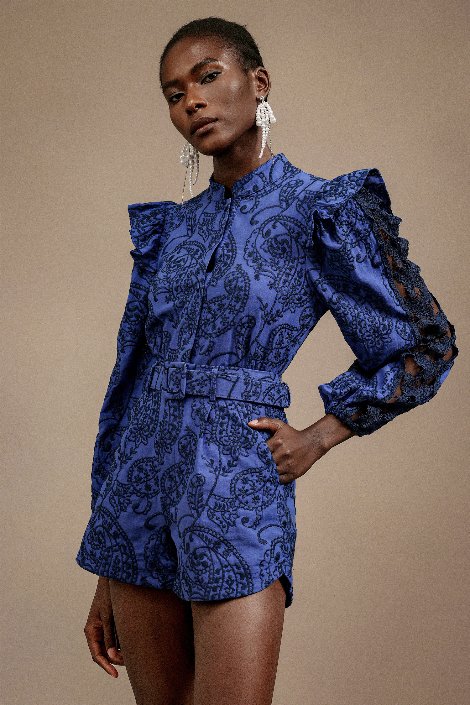 Laila Long Sleeves Embroidery Top And Shorts Two-Piece Set