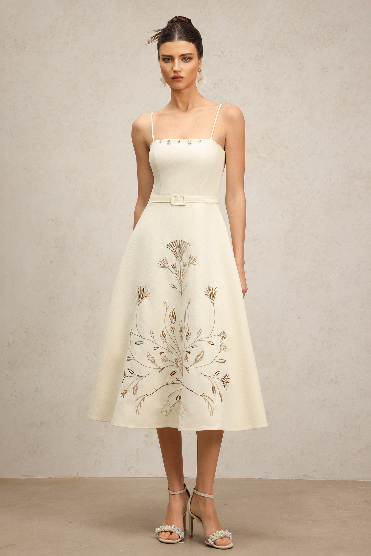 Tinsley Halter Embroidery Flowers Midi Dress