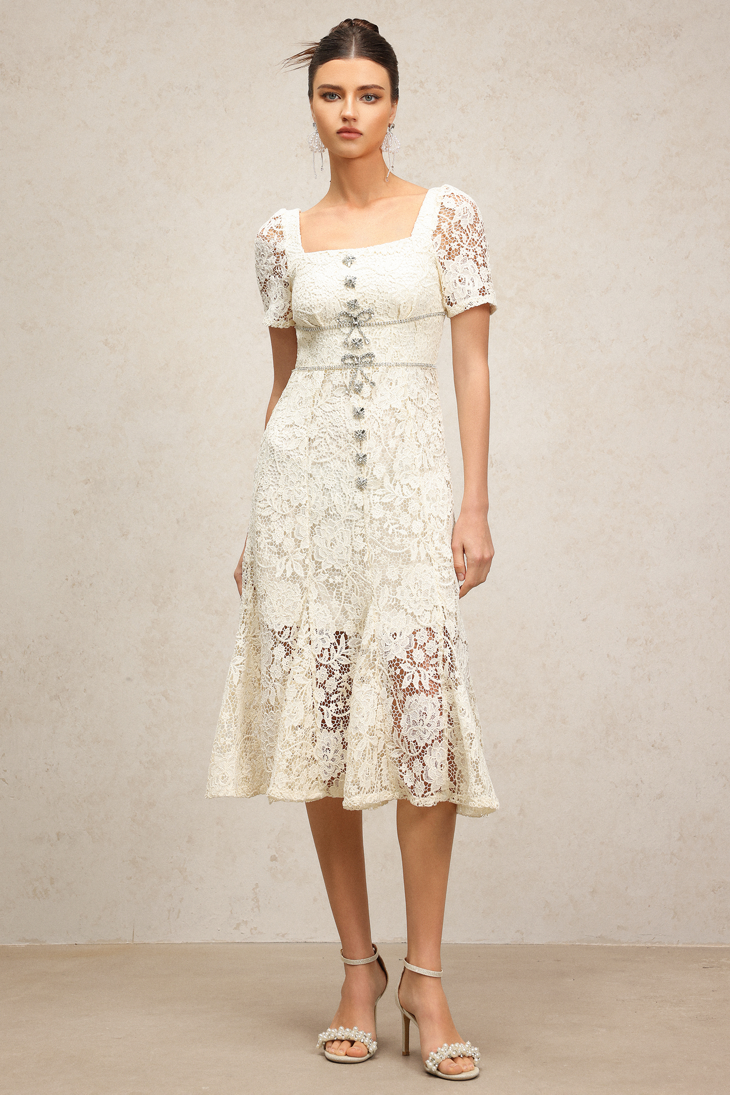 Zaina Diamond Bowknot Short Sleeves Lace Midi Dress