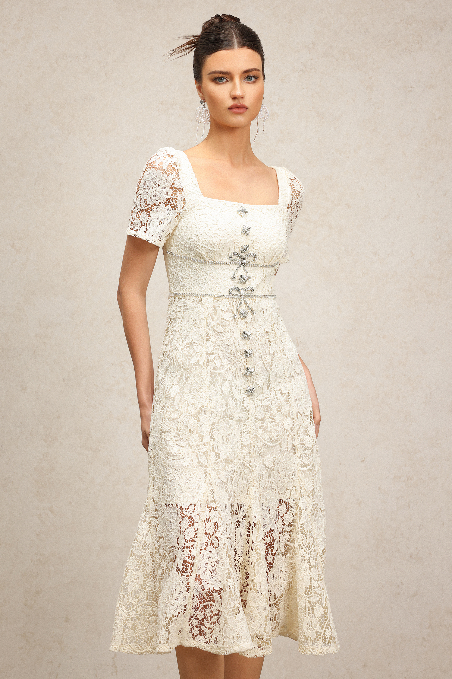 Zaina Diamond Bowknot Short Sleeves Lace Midi Dress