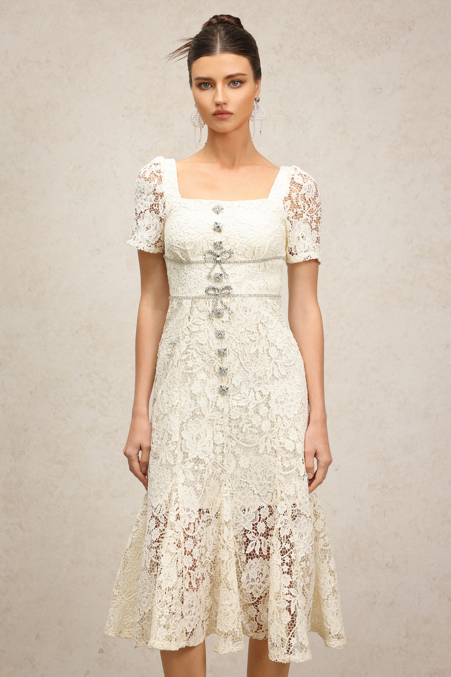 Zaina Diamond Bowknot Short Sleeves Lace Midi Dress