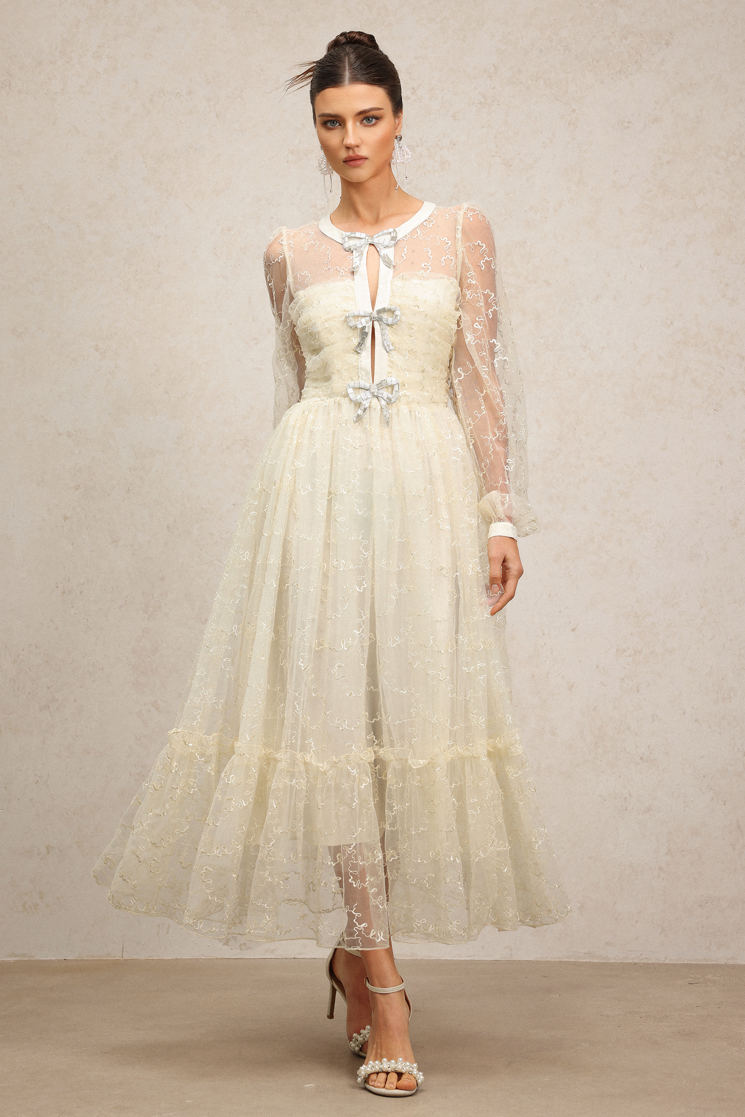Geralynne Long Sleeves Lace Diamond Bowknot Maxi Dress
