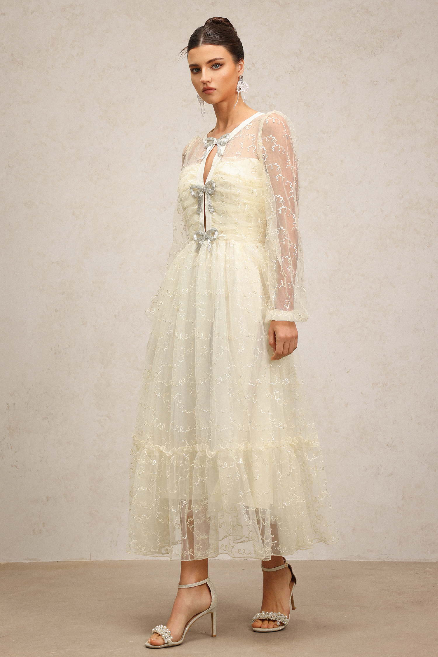 Geralynne Long Sleeves Lace Diamond Bowknot Maxi Dress