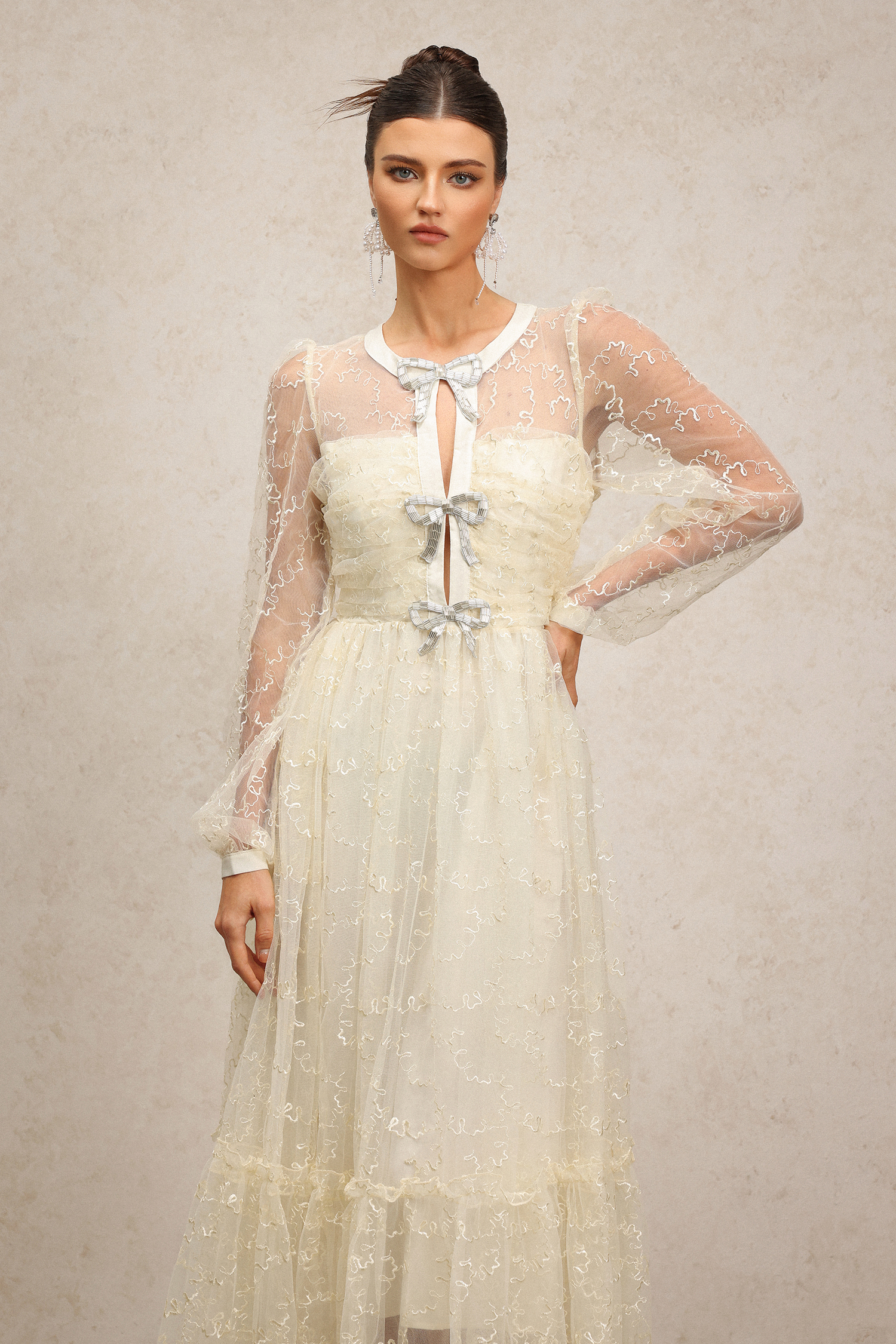 Geralynne Long Sleeves Lace Diamond Bowknot Maxi Dress