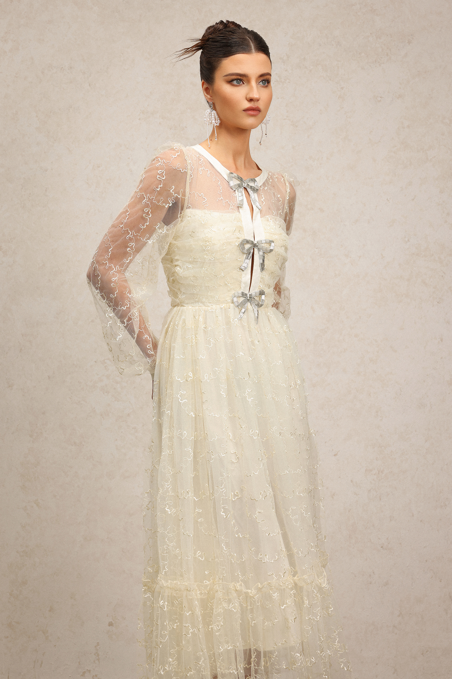 Geralynne Long Sleeves Lace Diamond Bowknot Maxi Dress