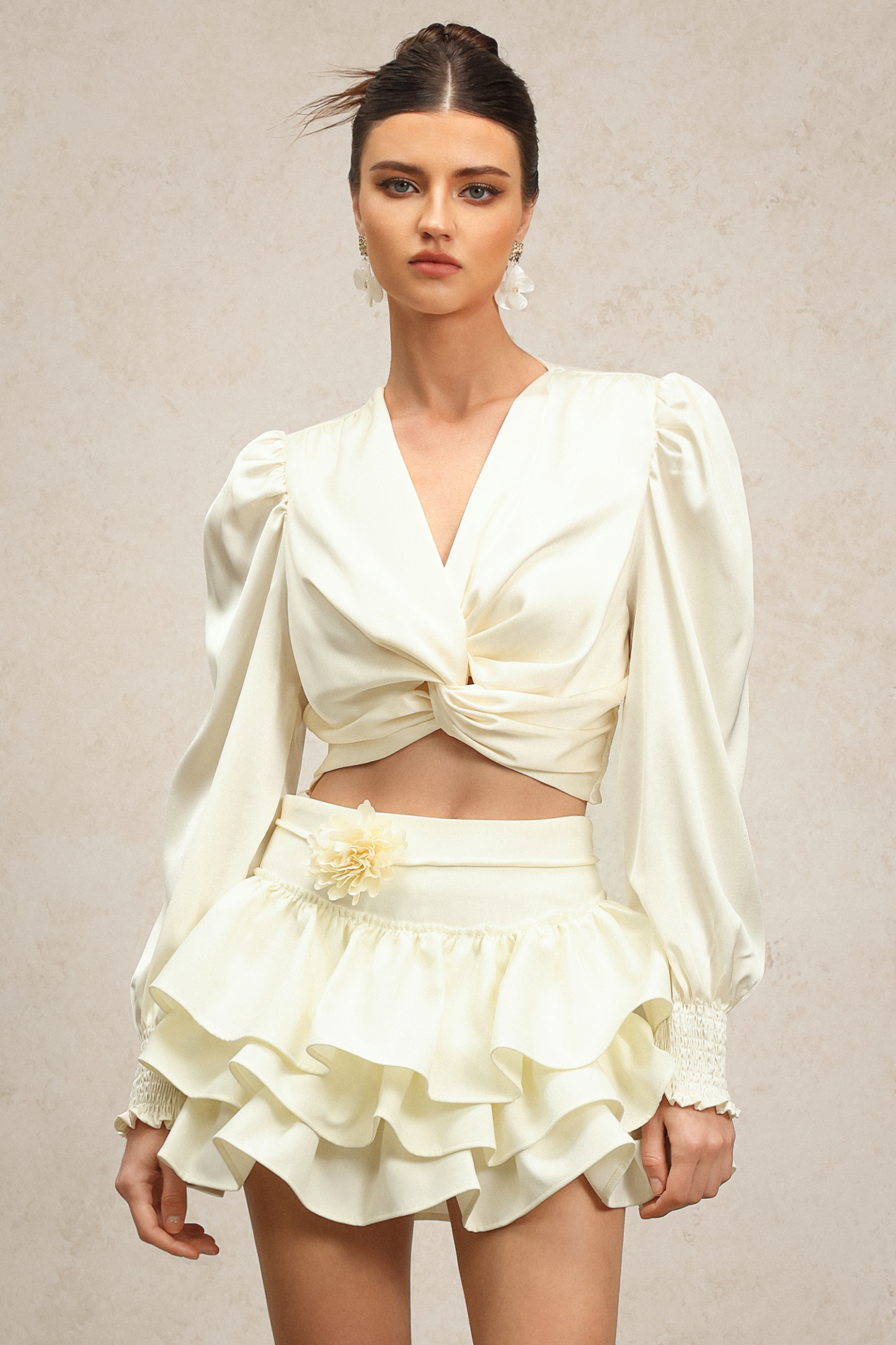 Ella V-Neck Long Sleeves Flower Layered Top And Skirt Two-Piece Set
