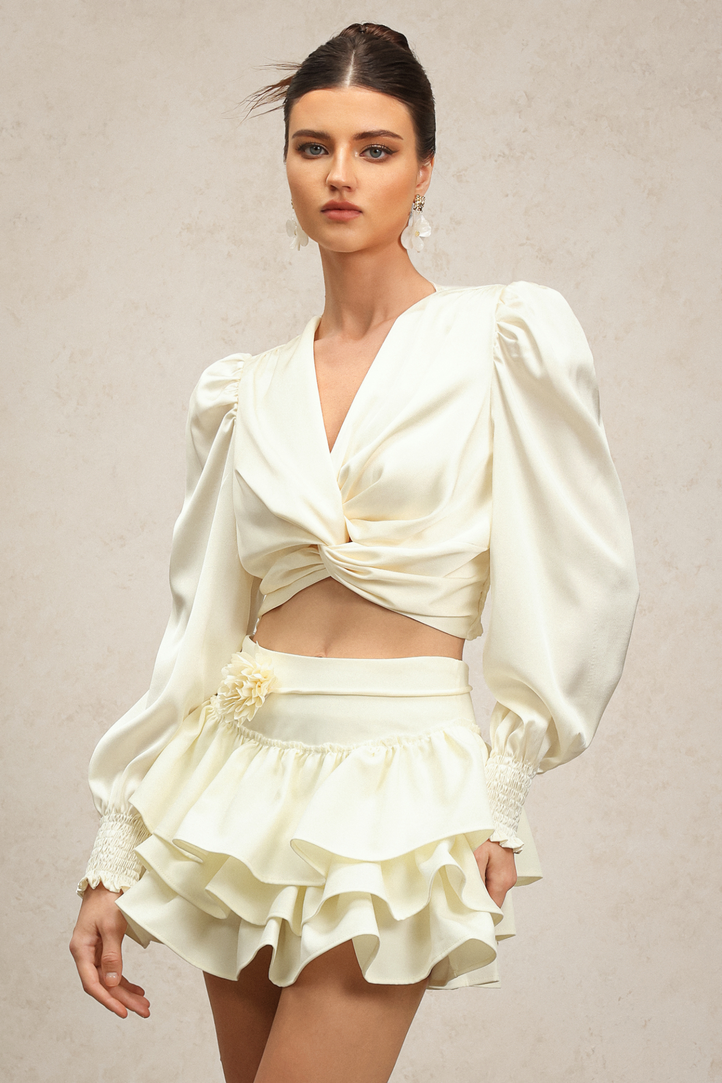 Ella V-Neck Long Sleeves Flower Layered Top And Skirt Two-Piece Set