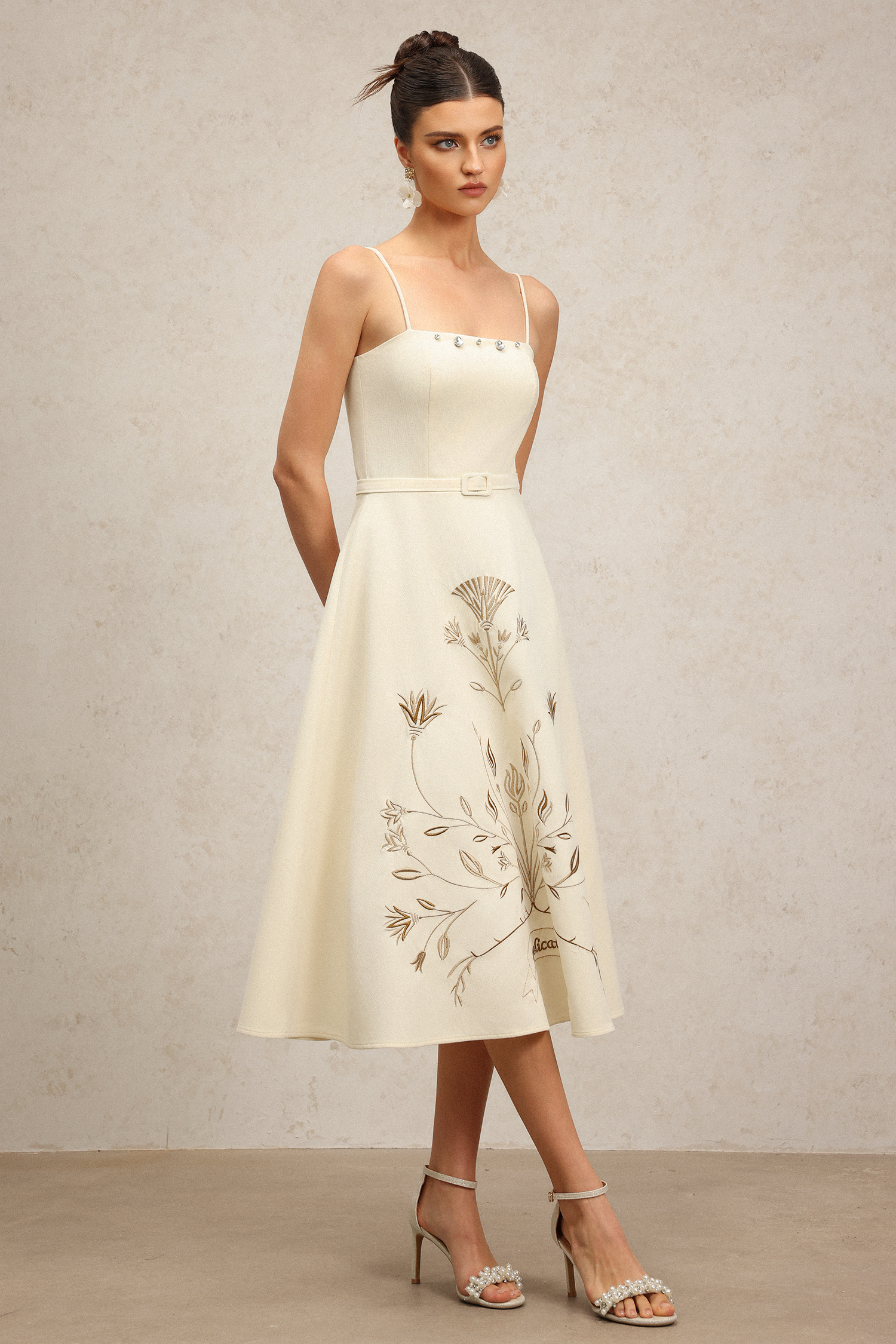 Tinsley Halter Embroidery Flowers Midi Dress