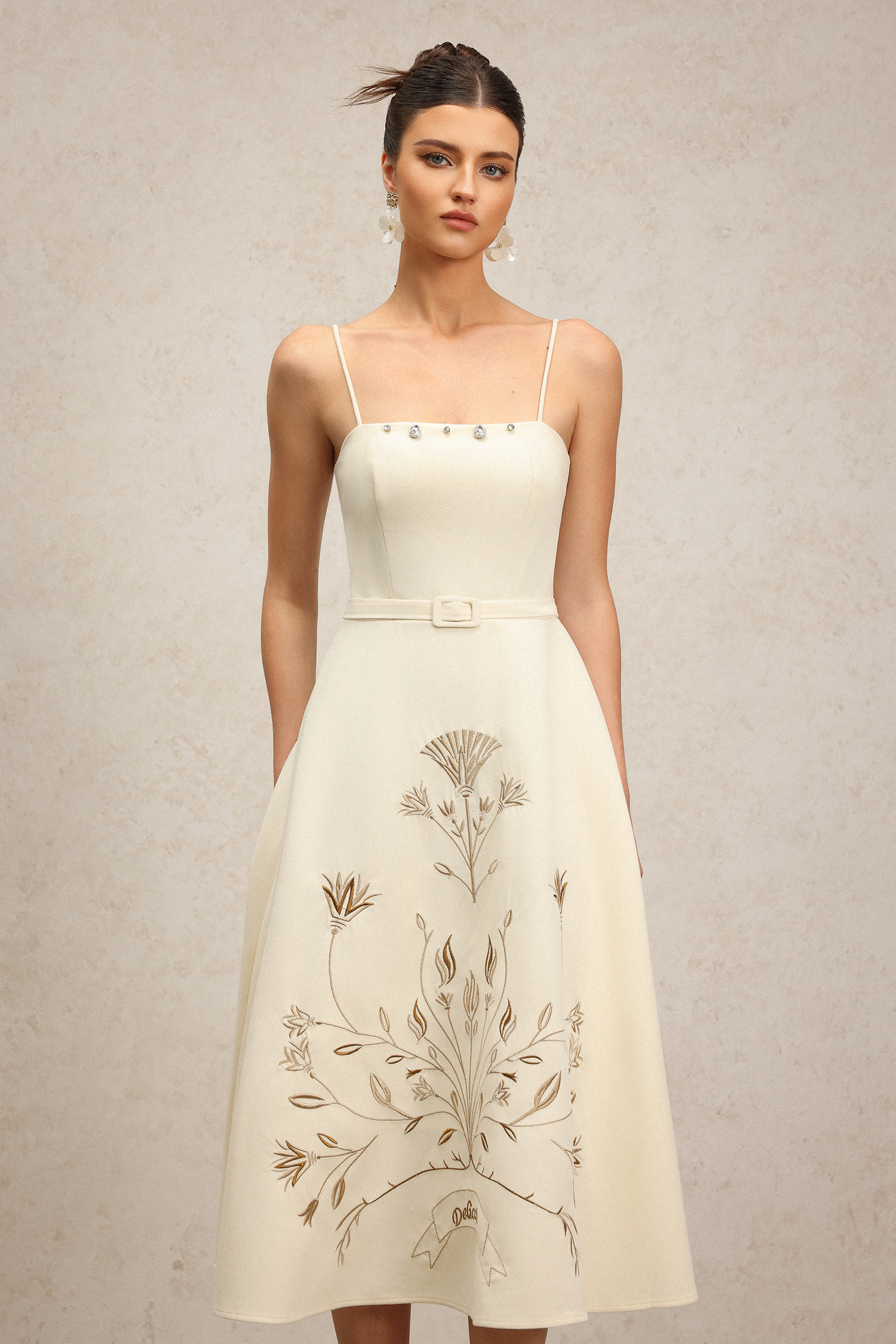 Tinsley Halter Embroidery Flowers Midi Dress