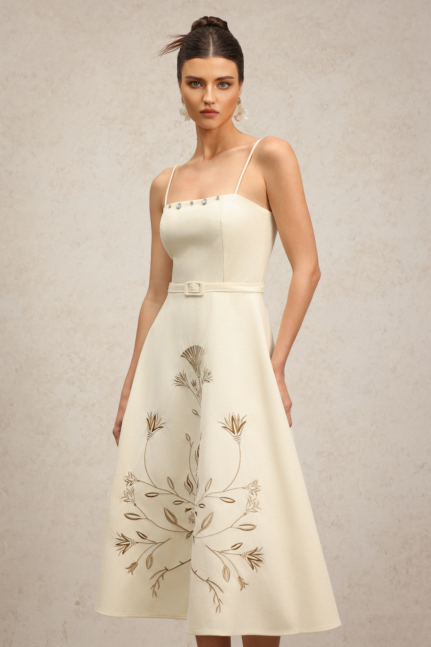 Tinsley Halter Embroidery Flowers Midi Dress