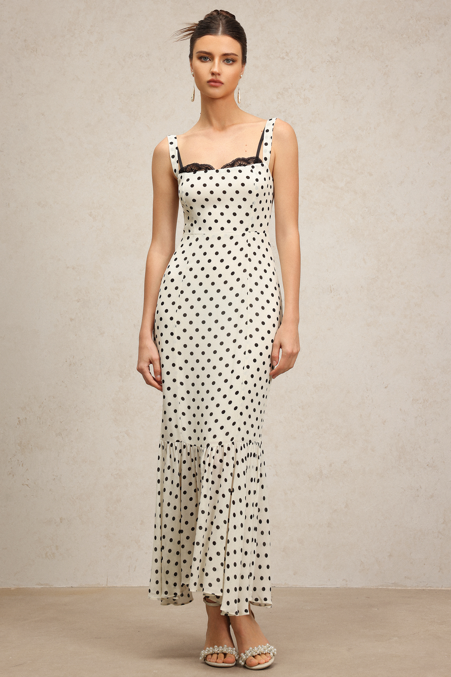 Miopa Halter Lace Dot Printed Fishtail Maxi Dress