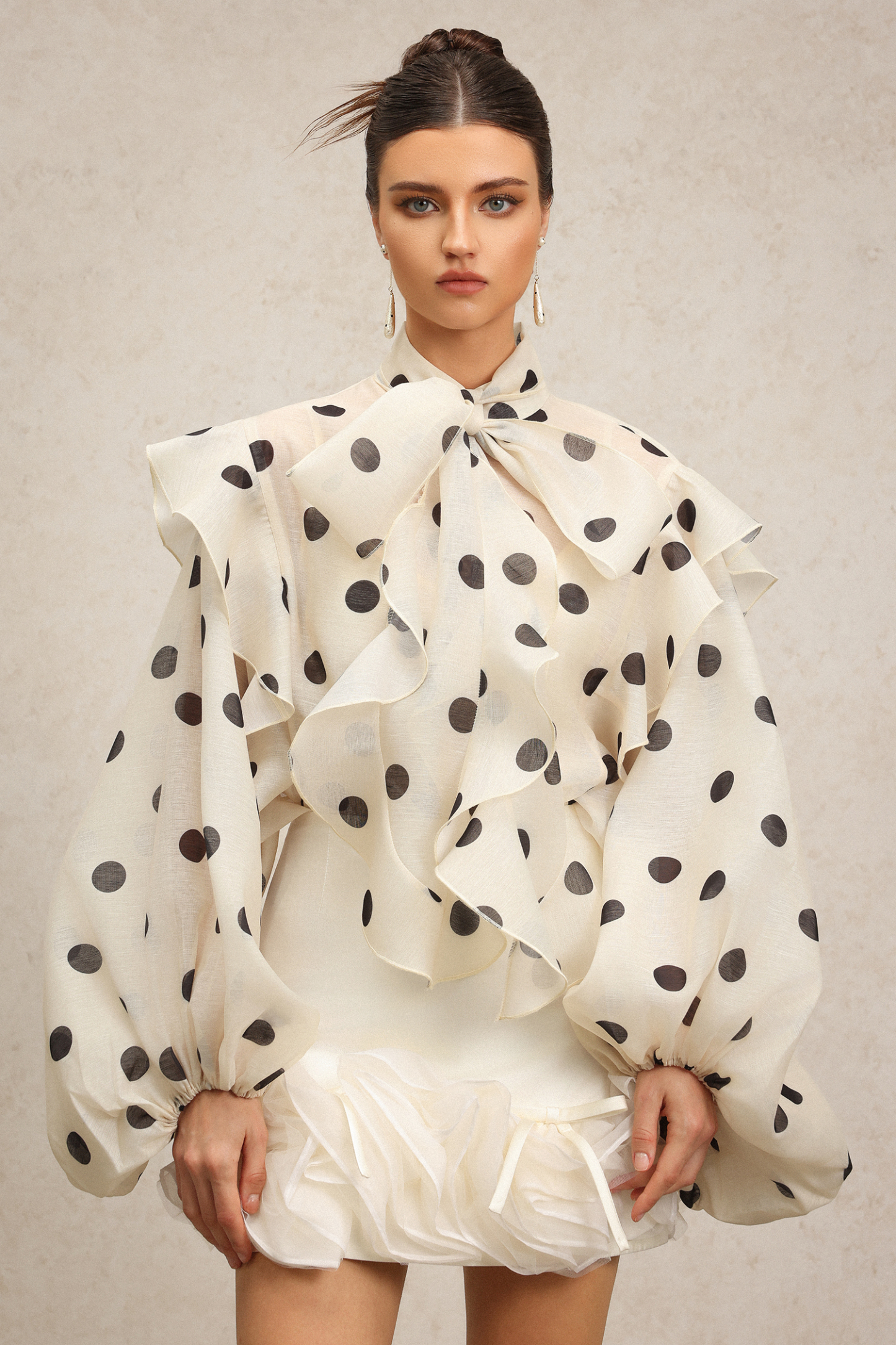 Filasy Dot Printed Long Sleeves Flowers Bowknot Top And Skirt Two-Piece Set