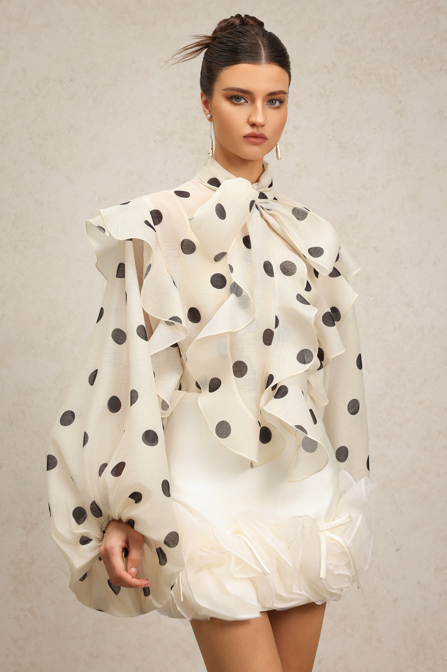 Filasy Dot Printed Long Sleeves Flowers Bowknot Top And Skirt Two-Piece Set