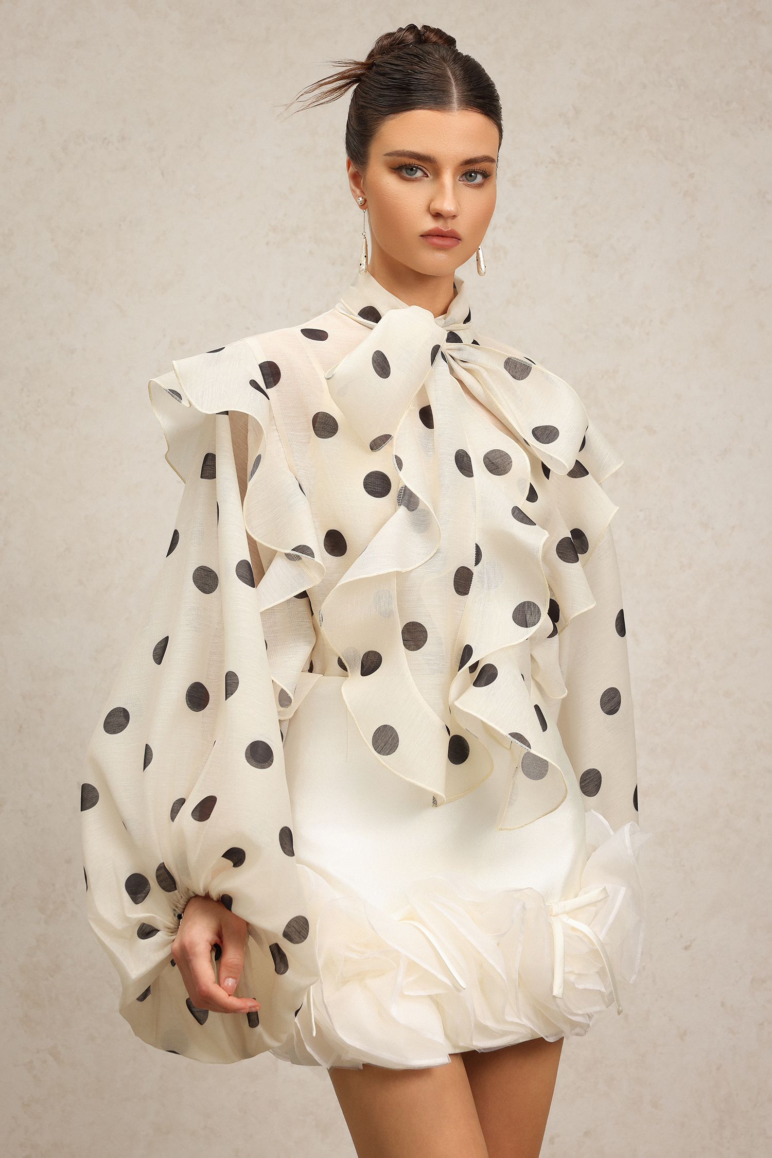 Filasy Dot Printed Long Sleeves Flowers Bowknot Top And Skirt Two-Piece Set