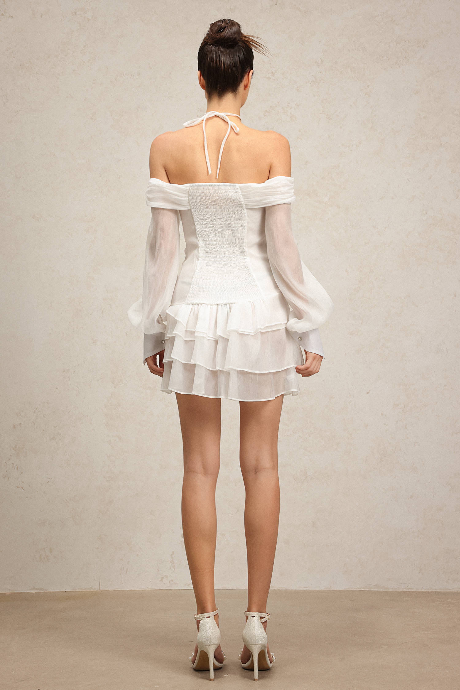 Karsten Off-The-Shoulder Flower Long Sleeves Layered Mini Dress