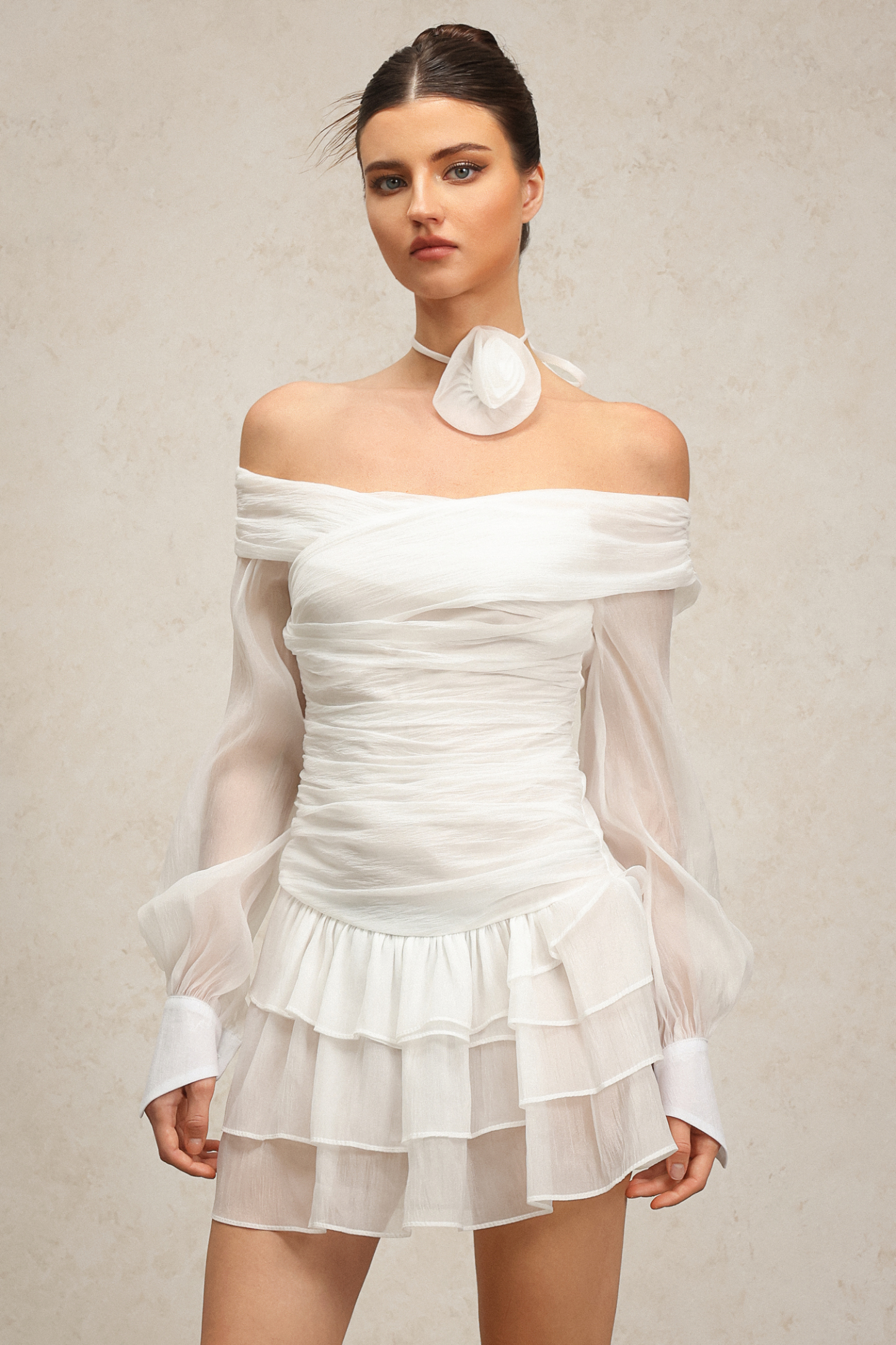 Karsten Off-The-Shoulder Flower Long Sleeves Layered Mini Dress