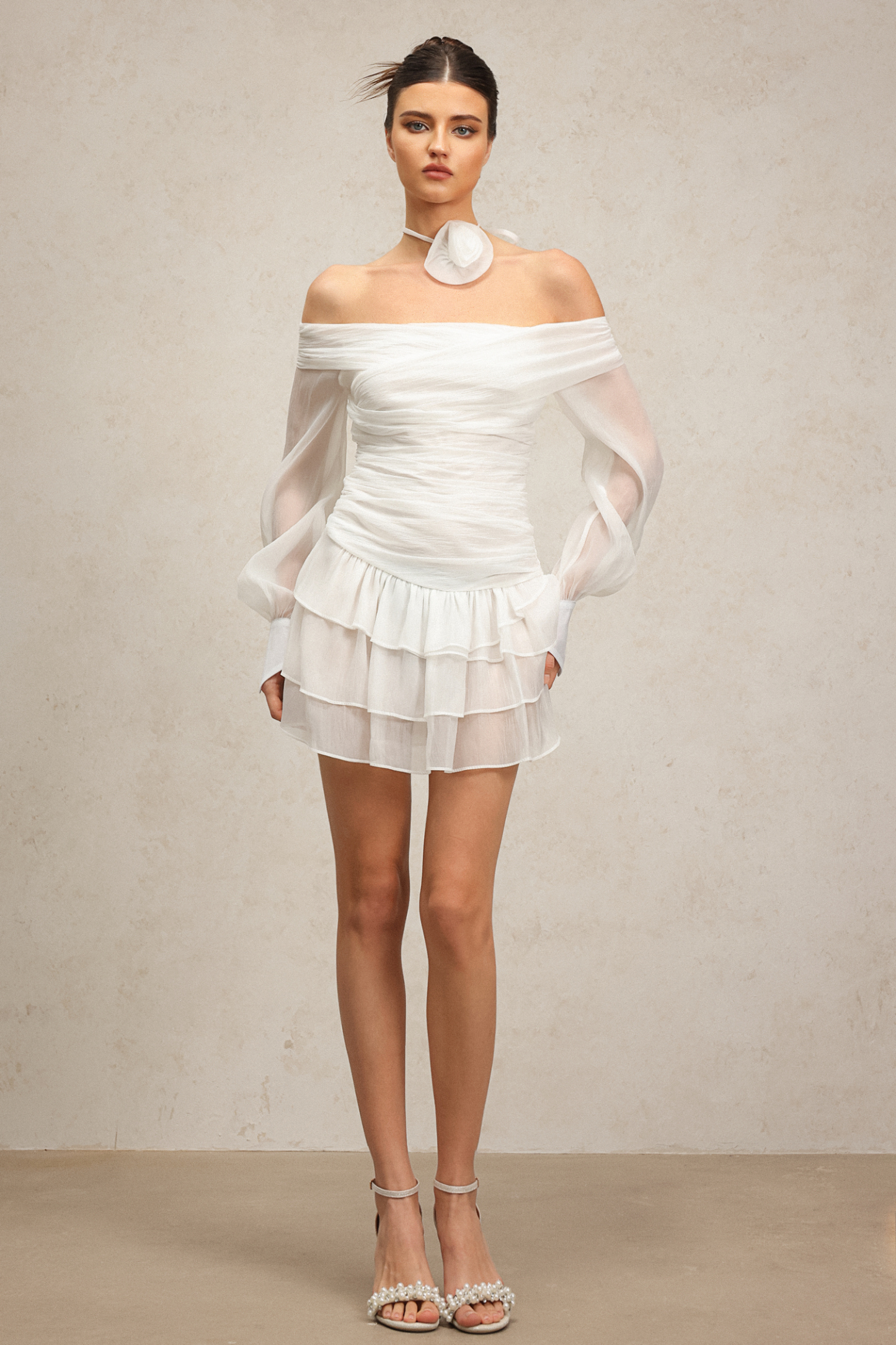 Karsten Off-The-Shoulder Flower Long Sleeves Layered Mini Dress