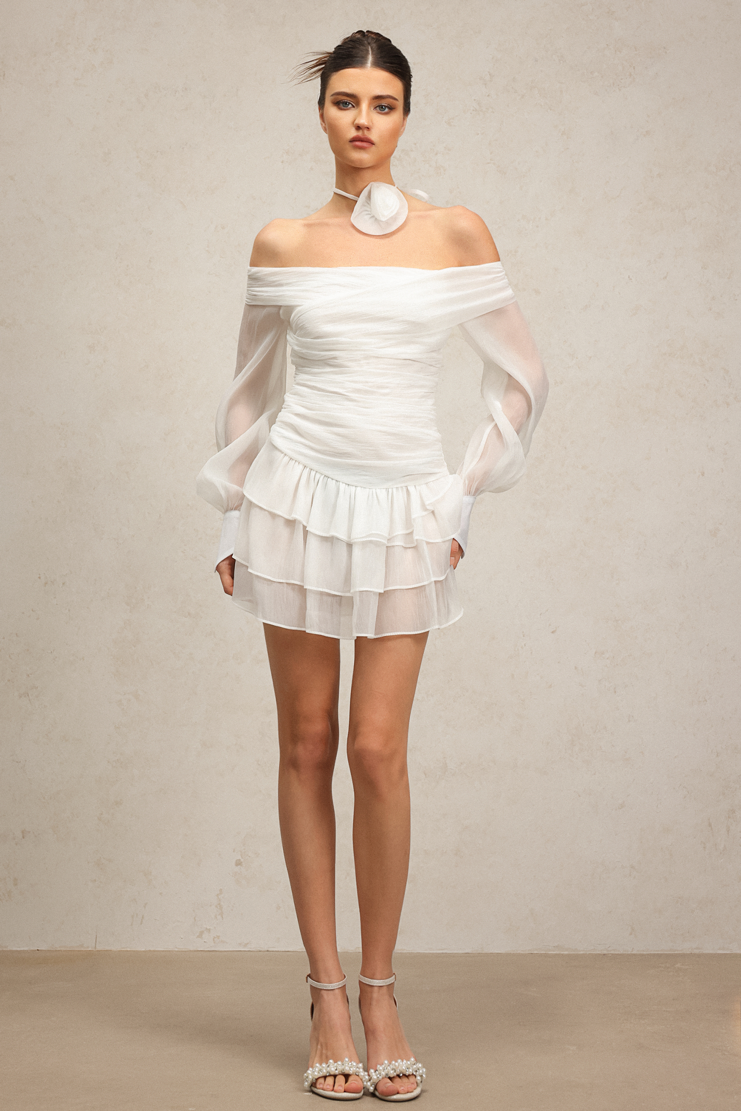 Karsten Off-The-Shoulder Flower Long Sleeves Layered Mini Dress