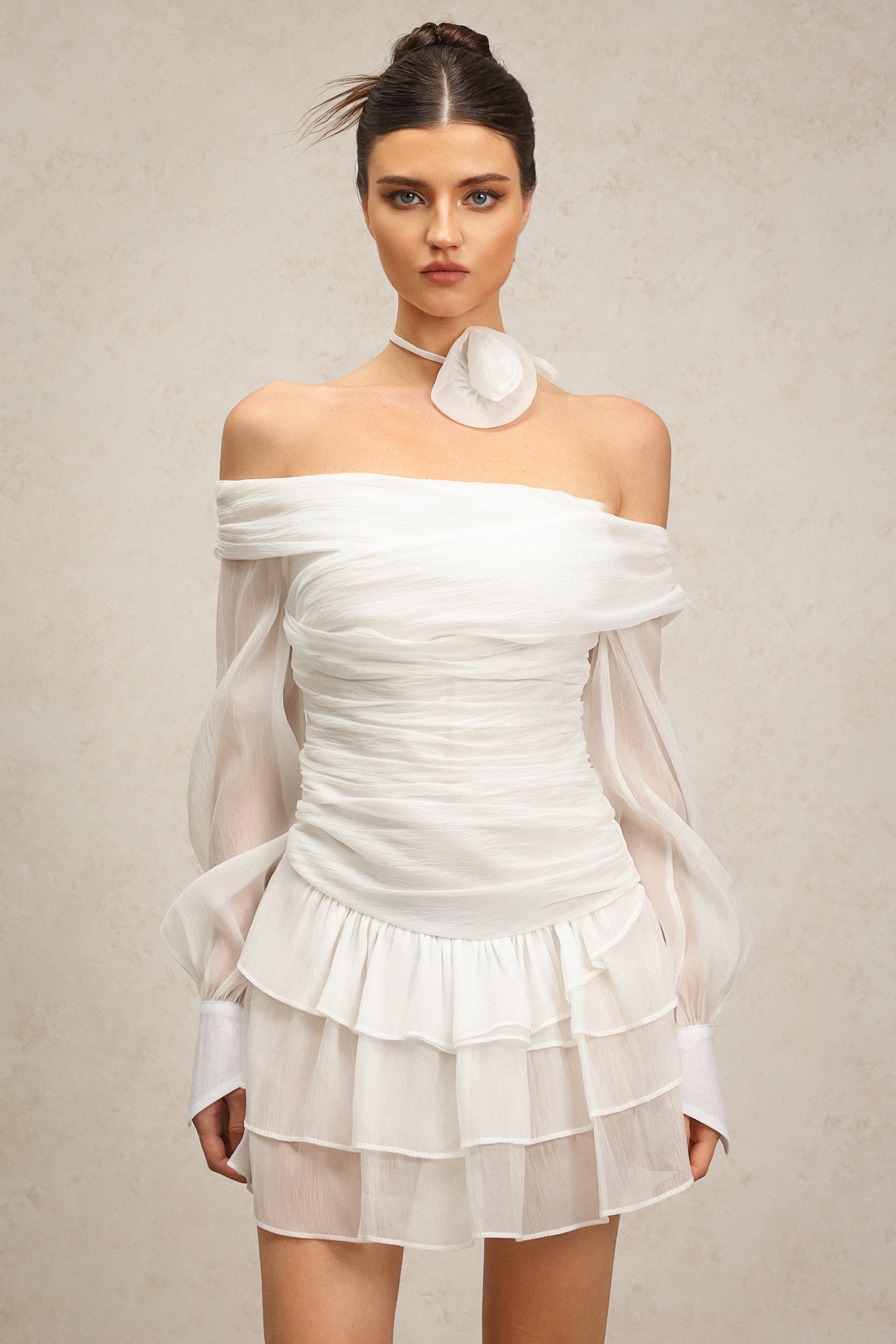 Karsten Off-The-Shoulder Flower Long Sleeves Layered Mini Dress