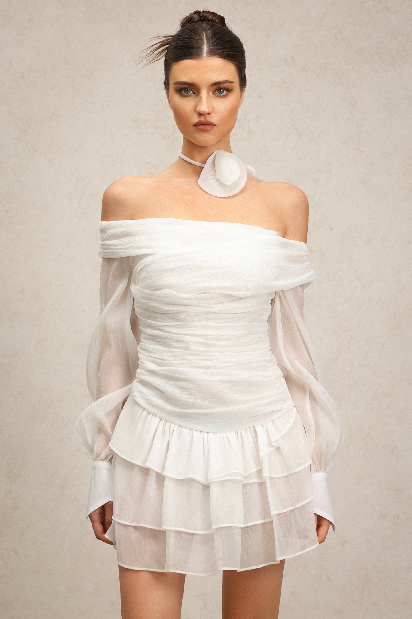 Karsten Off-The-Shoulder Flower Long Sleeves Layered Mini Dress