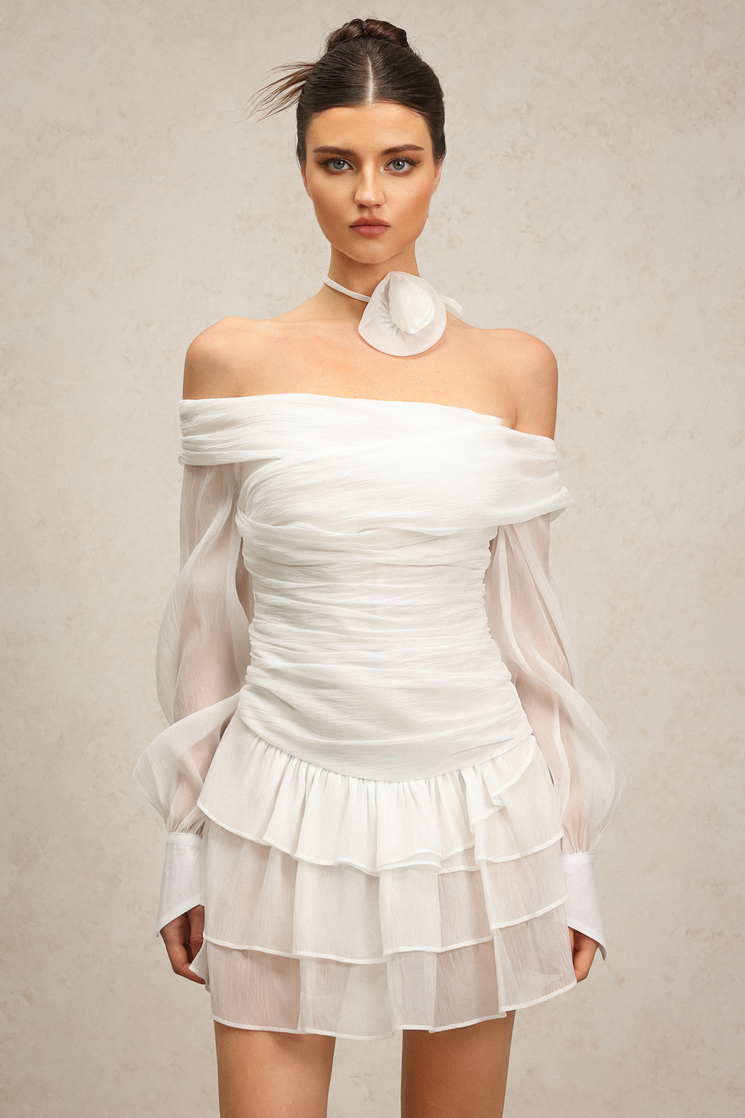 Karsten Off-The-Shoulder Flower Long Sleeves Layered Mini Dress